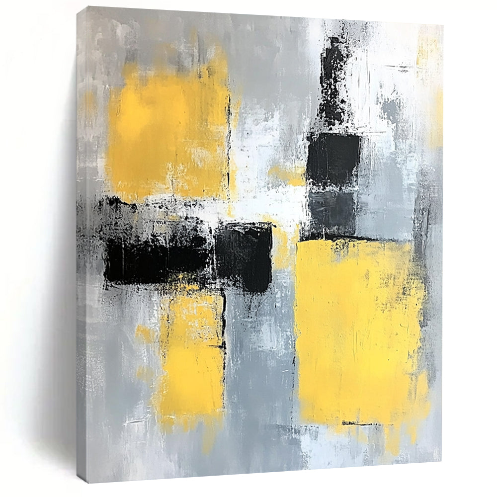 Contemporary abstract painting featuring gray and yellow color blocks with soft edges and dynamic brush strokes on a large canvas. DLZ0522