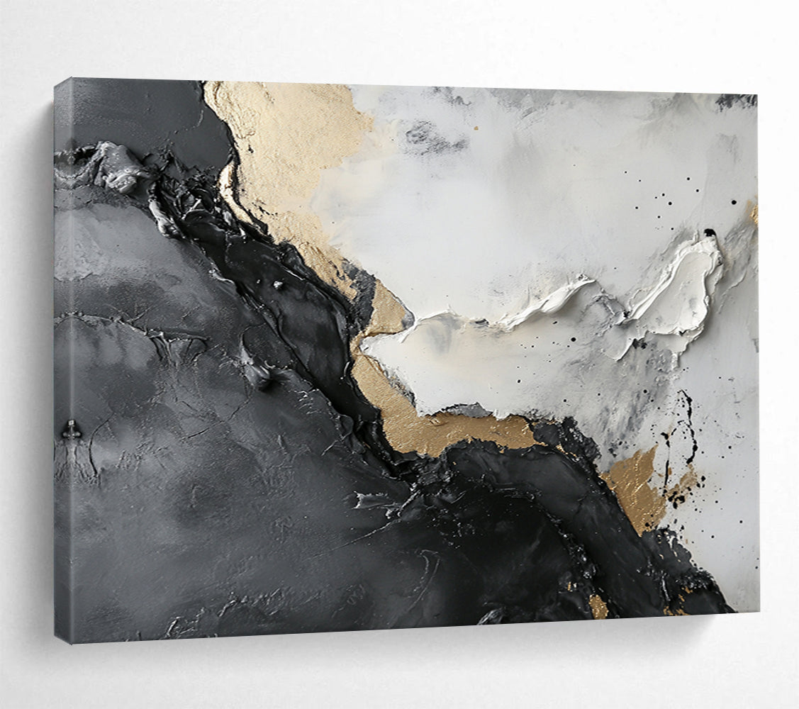 Textured Gray, Black, and Gold Abstract - Luxe Impasto Painting On Canvas HB0494