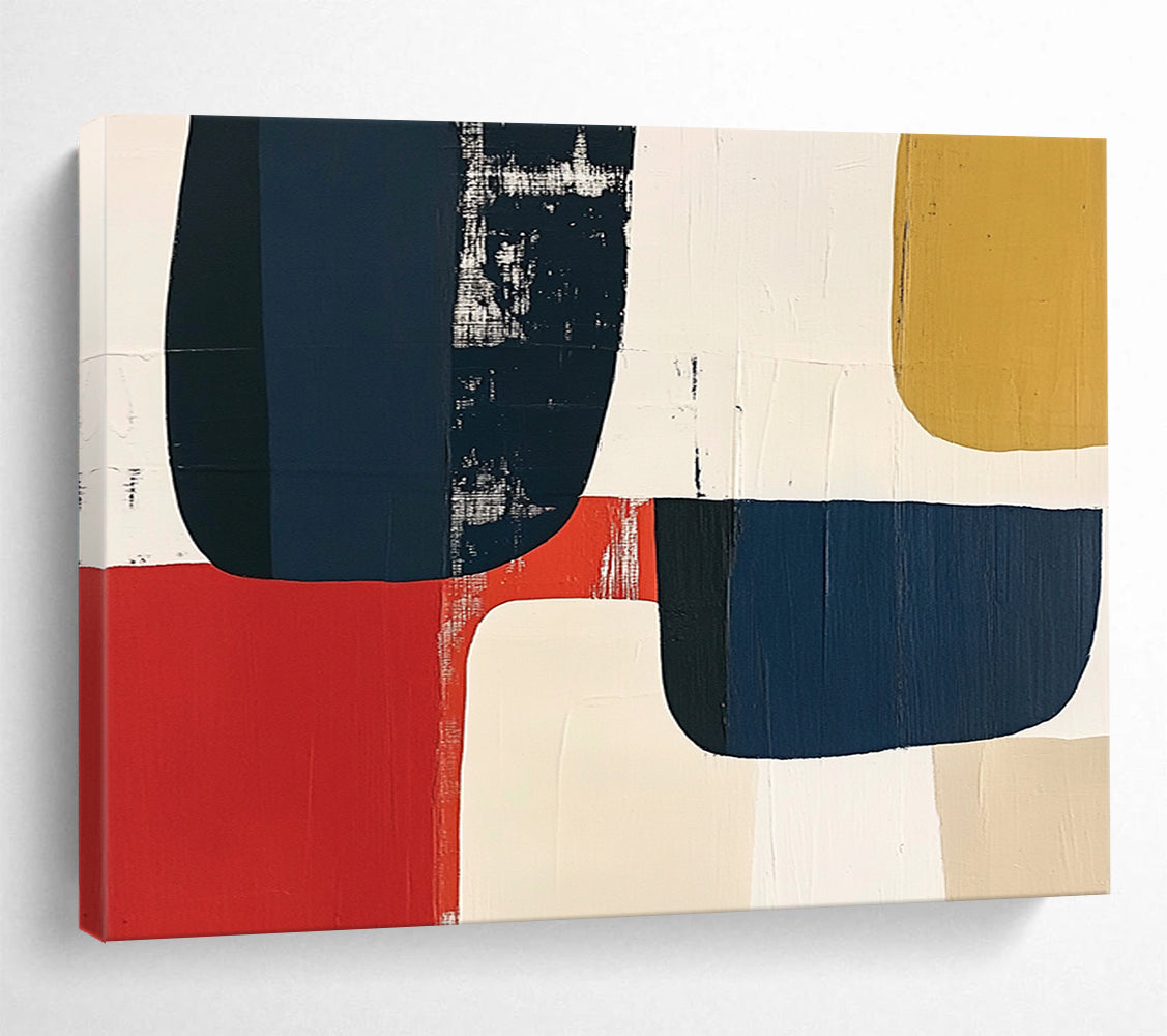 “Colorful Geometric Blocks” - Navy, red, beige, mustard, Abstract Geometric Painting HB0617