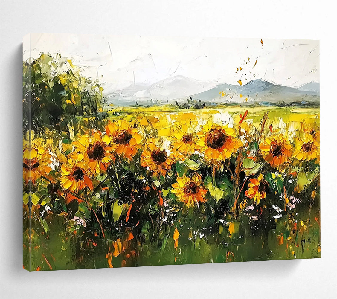 “Sunflower Field Impasto” - Thickly painted sunflowers in gold and green, Impasto Landscape Painting On Canvas HB0542