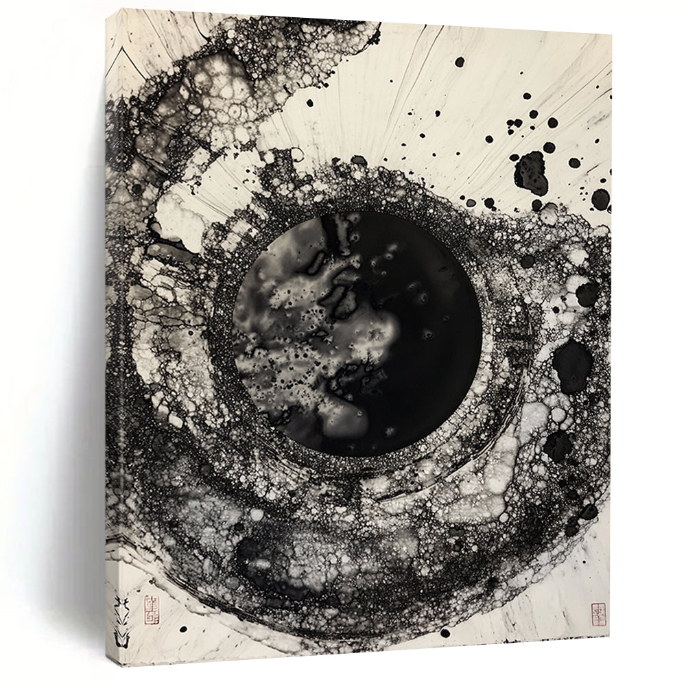 Black & White Bubbly Circular Ink - “Ethereal Ink Bubble” Painting On Canvas HB223