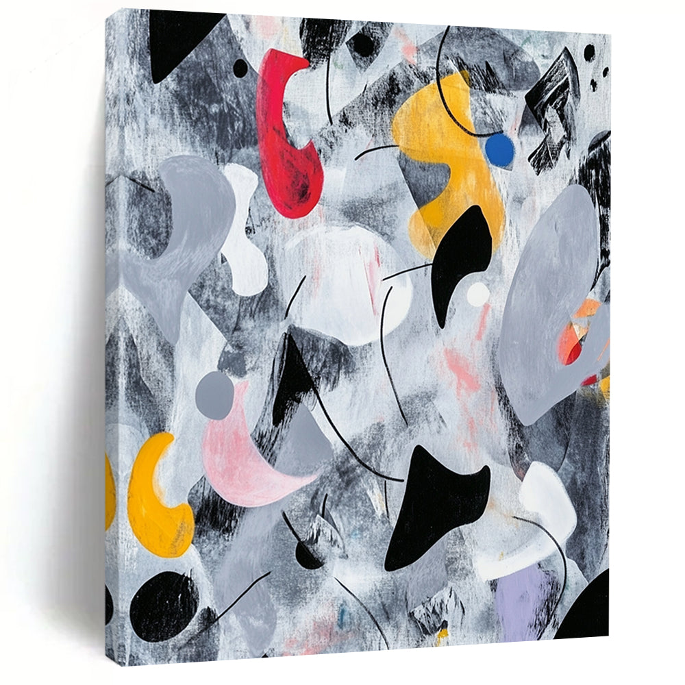 Black, Gray, White, Red, Yellow, Blue and Pink Abstract Melange "Whimsical Dreamscape" Painting On Canvas HB330