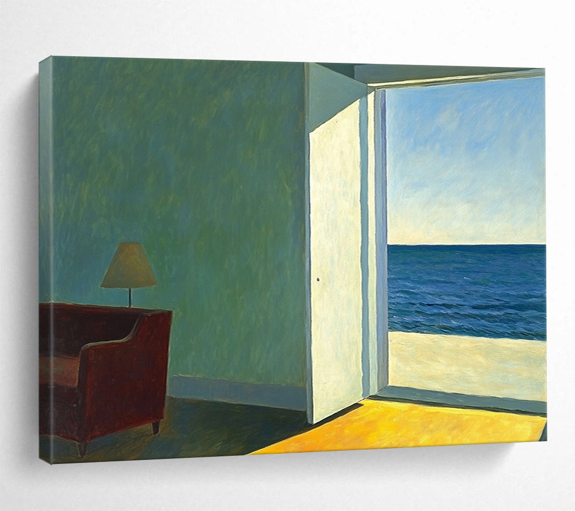 “Room with a View of the Sea” - Green, Blue, Yellow, Interior with Sea View - Realist Oil Painting HB1644