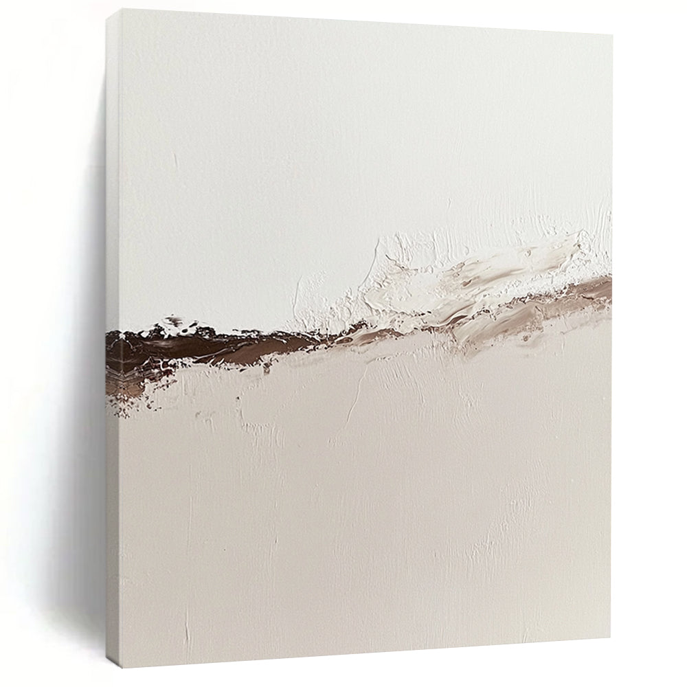 Contemporary abstract oil painting showcasing the tranquil boundary of water and desert sand in muted neutral tones with rich brown accents. DLZ1312