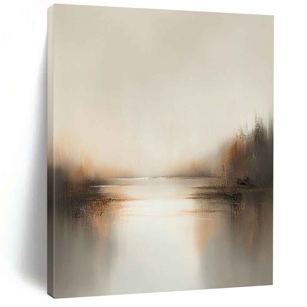 Contemporary abstract painting showcasing soft neutrals and earthy tones, enveloped in hazy light for a serene, dreamlike feel. DLZ0398