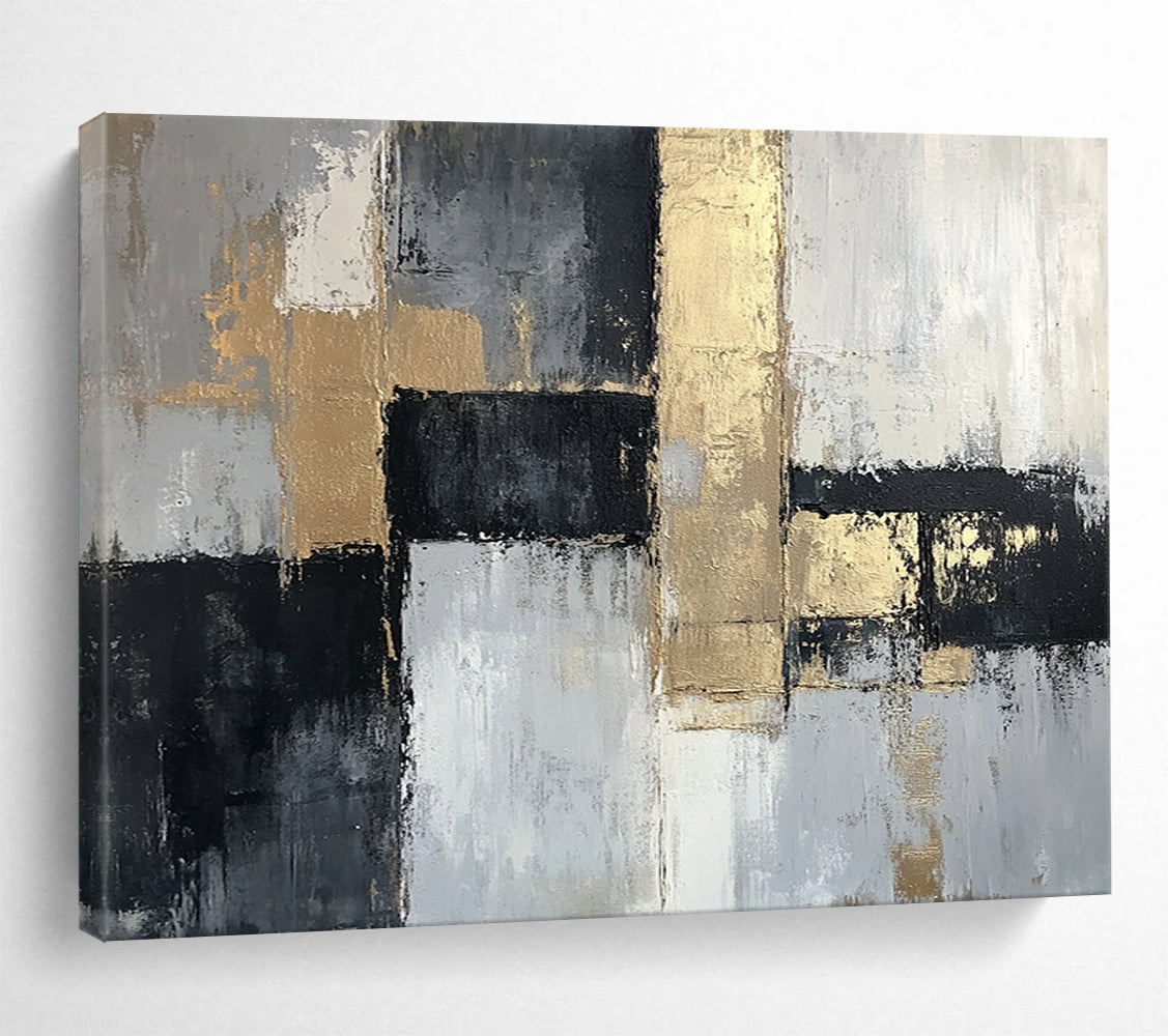 “Gold Accents on Gray Abstract” - Gray, white, black, gold; Abstract with geometric shapes and gold accents; Acrylic Painting On Canvas HB1268