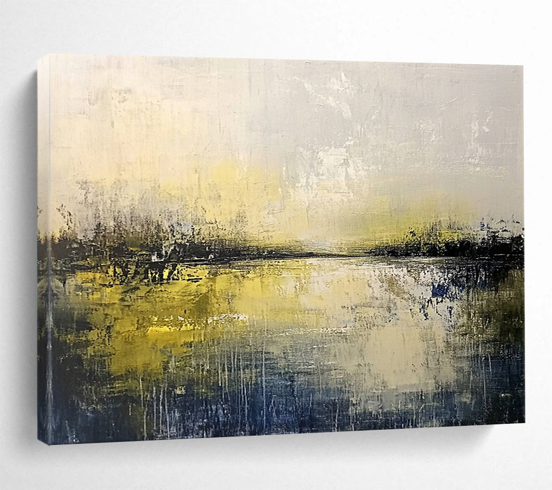 “Misty Yellow Lake” - Yellow, Gray, Hazy Sky and Reflective Water Painting On Canvas HB0939