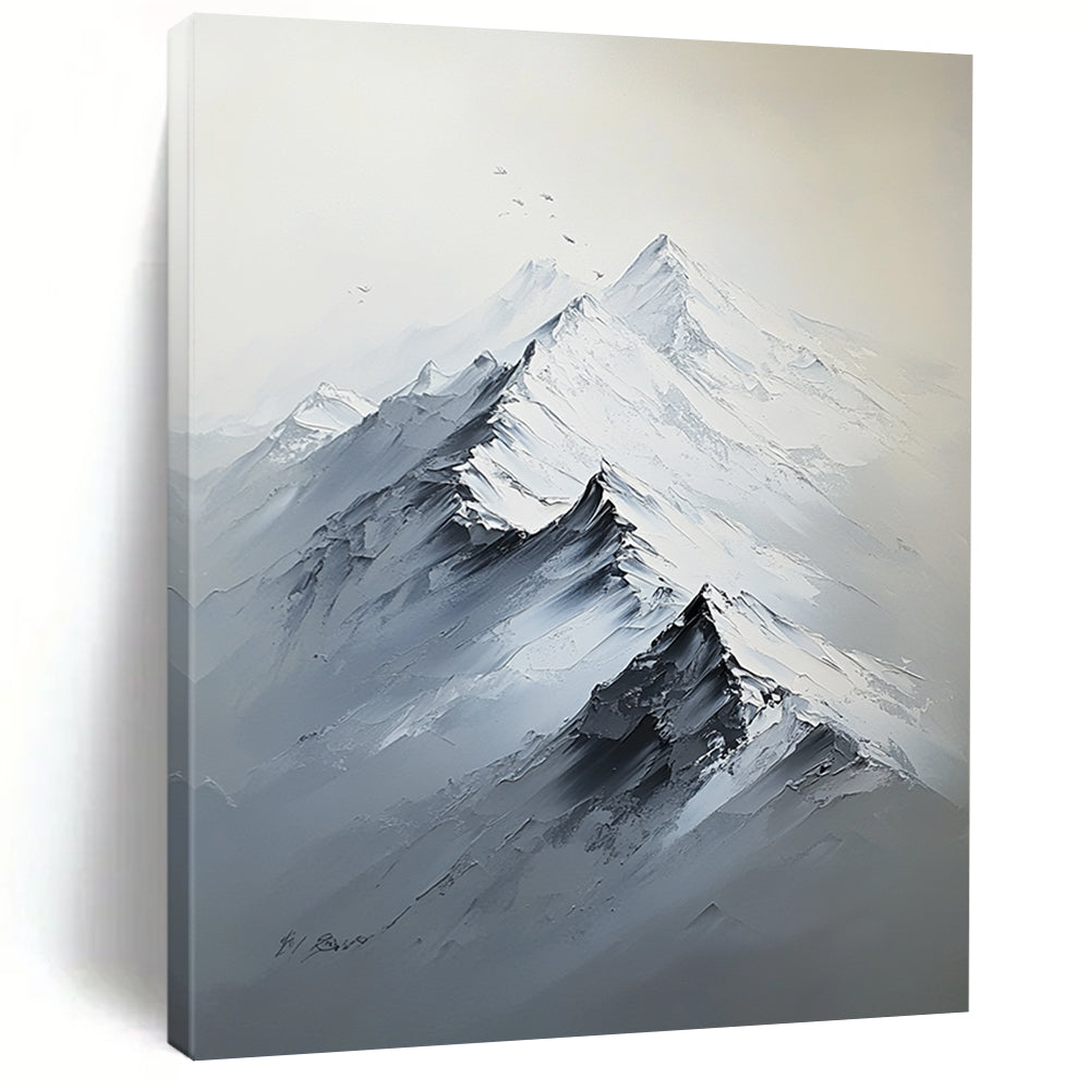 Contemporary hand-painted abstract artwork featuring a large snow-capped mountain range in white and gray tones with rich textures and strong light contrast. DLZ1290