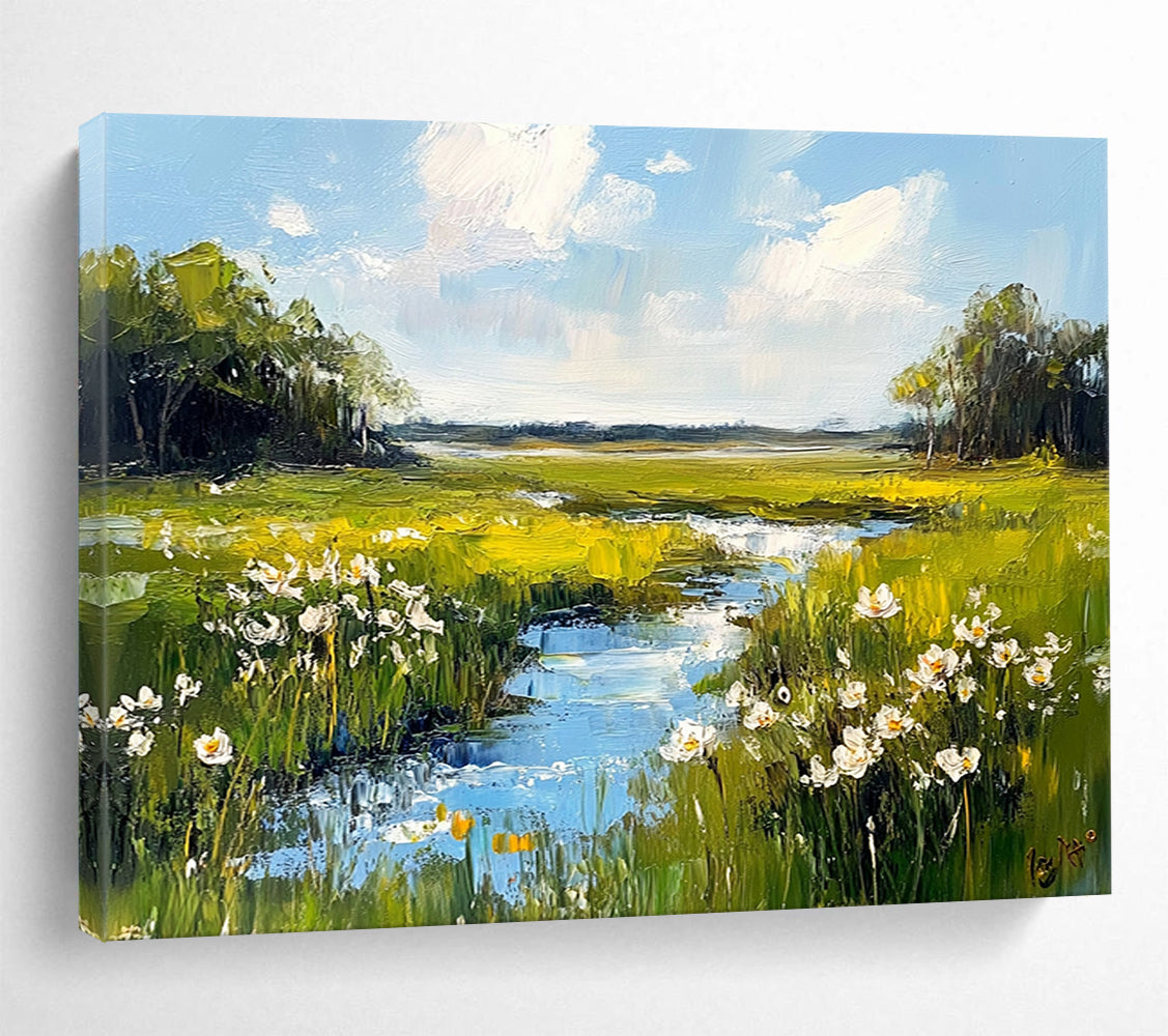 Green Meadow with Stream and White Flowers - Impressionistic Landscape Painting On Canvas HB0446