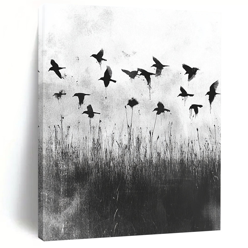 Black and White Birds in Field "Misty Flight" Painting On Canvas HB301