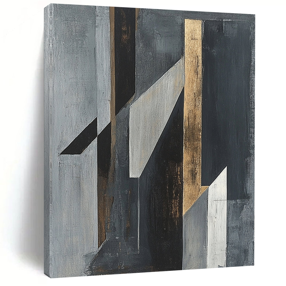 Gray, Black, White and Gold Geometric Abstraction "Dynamic Geometry" Painting On Canvas HB389