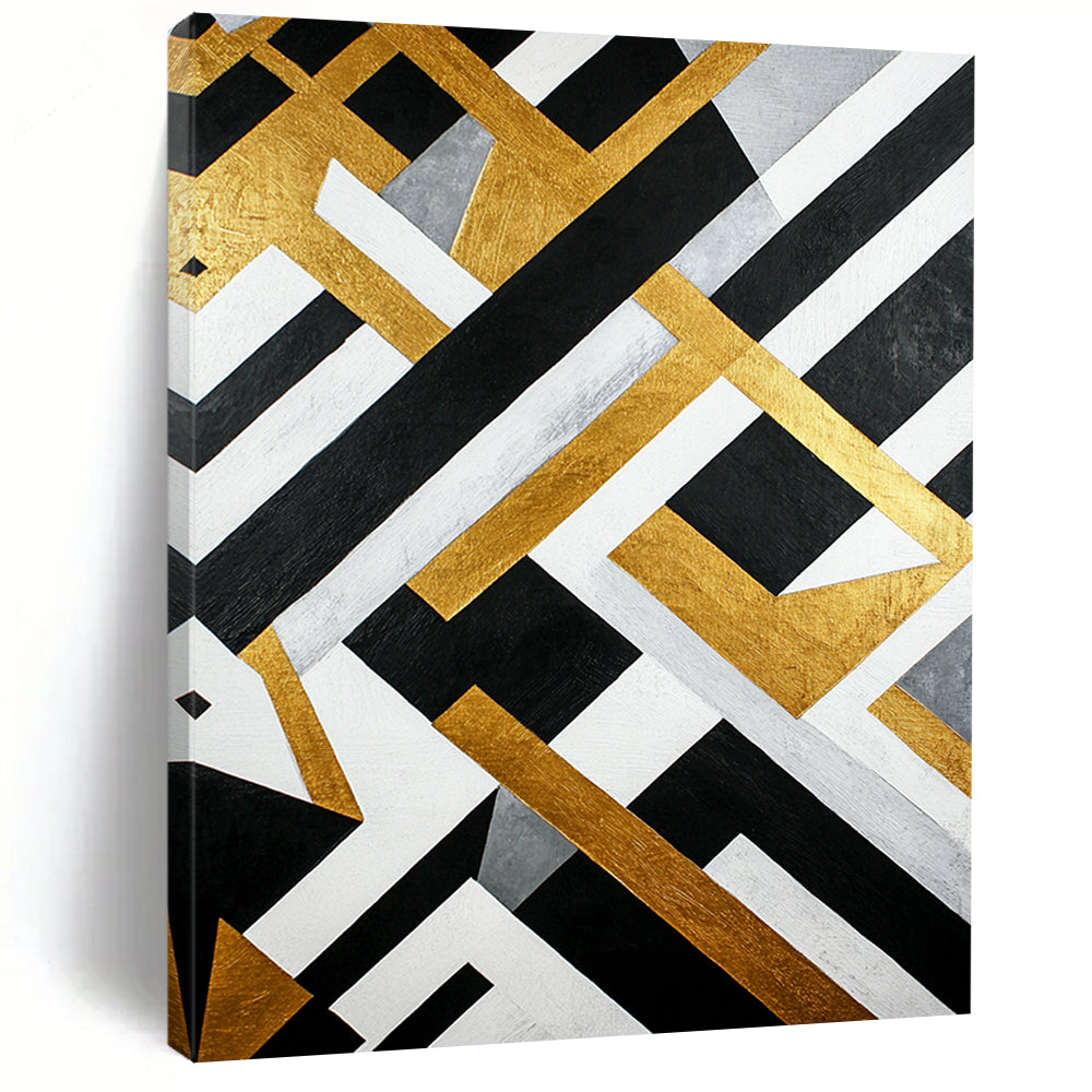 Black, White, Gold, Gray, Interlocking Shapes "Golden Grid" Abstract Modernist Painting On Canvas HB110