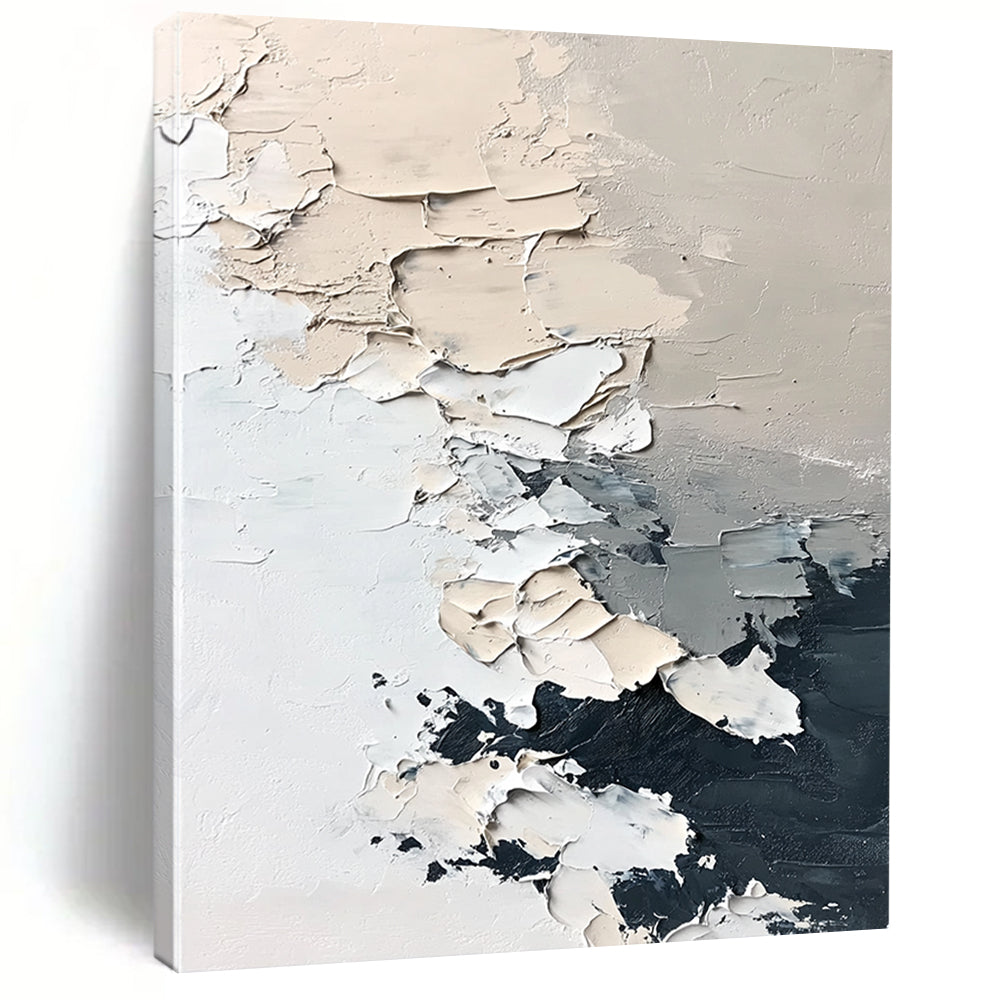 Abstract hand-painted contemporary art featuring textured icebergs and melting snowflakes in muted neutral colors with thick brush strokes on a minimalist white background. DLZ0426
