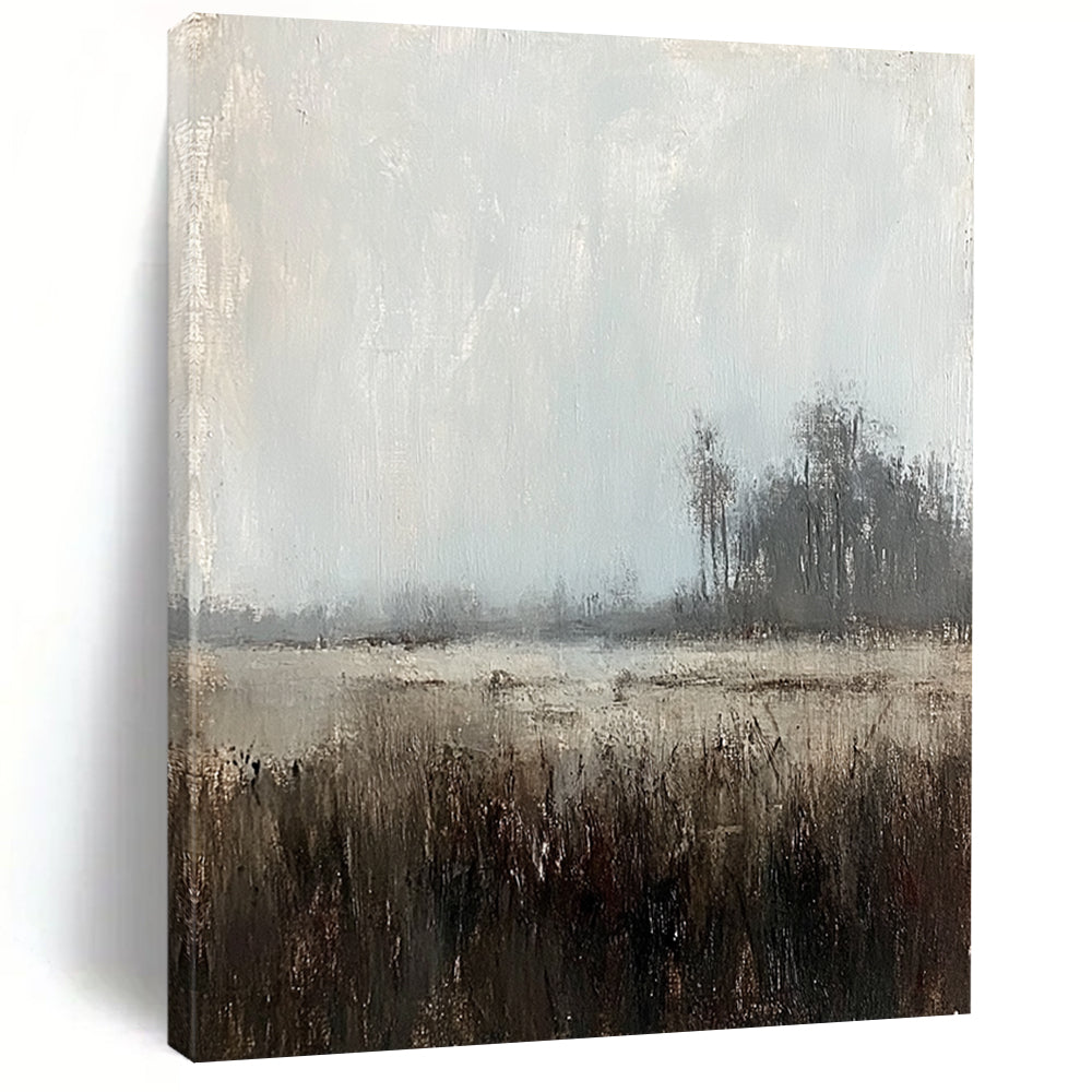 Large contemporary abstract painting featuring muted tones of gray sky and distant trees creating a misty grassland scene with soft lighting and brushstrokes. DLZ0409