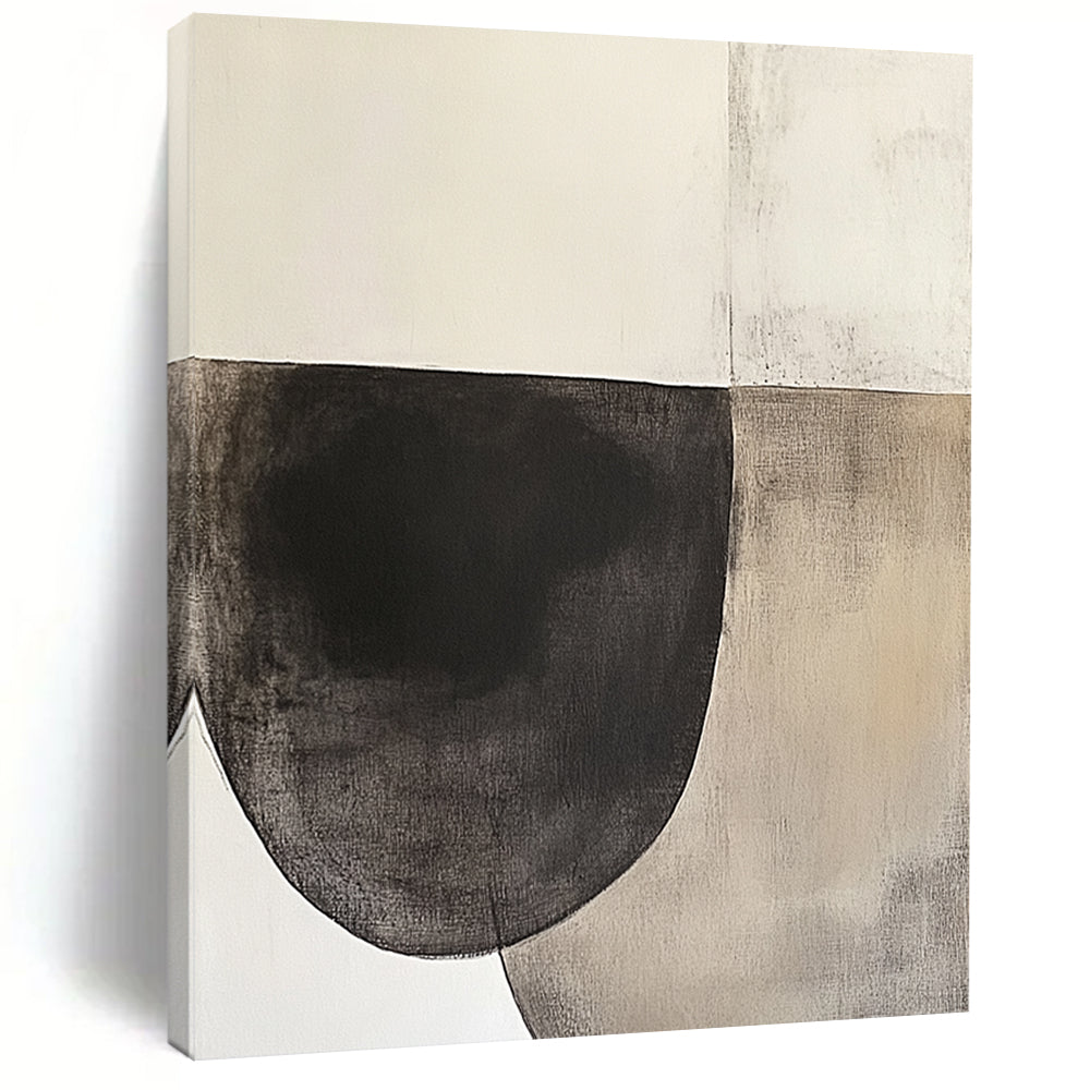 Contemporary hand-painted abstract artwork featuring an oval shape in dark charcoal and beige tones on textured white paper, inspired by minimalist design. DLZ0965