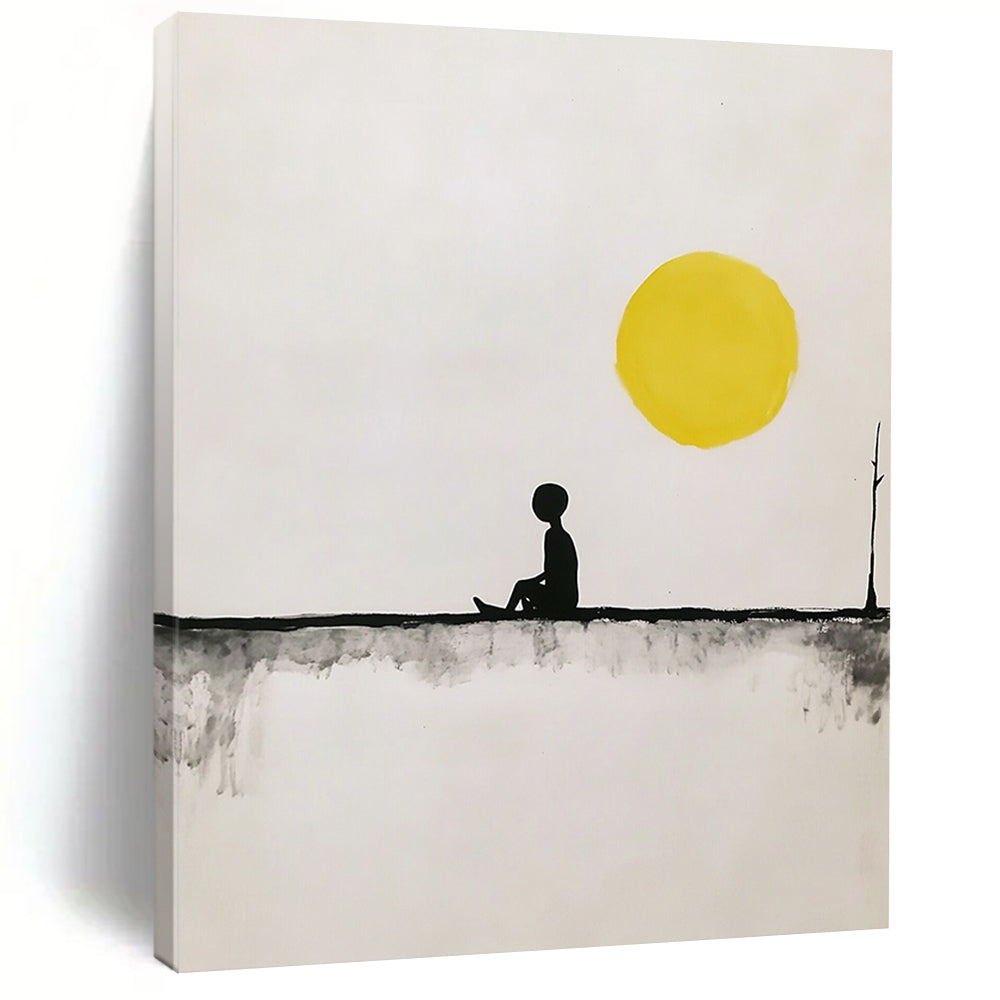 Contemporary hand-painted abstract art featuring a minimalist fisherman on a line under a yellow sun with simple shapes in black and gray tones. DLZ1635