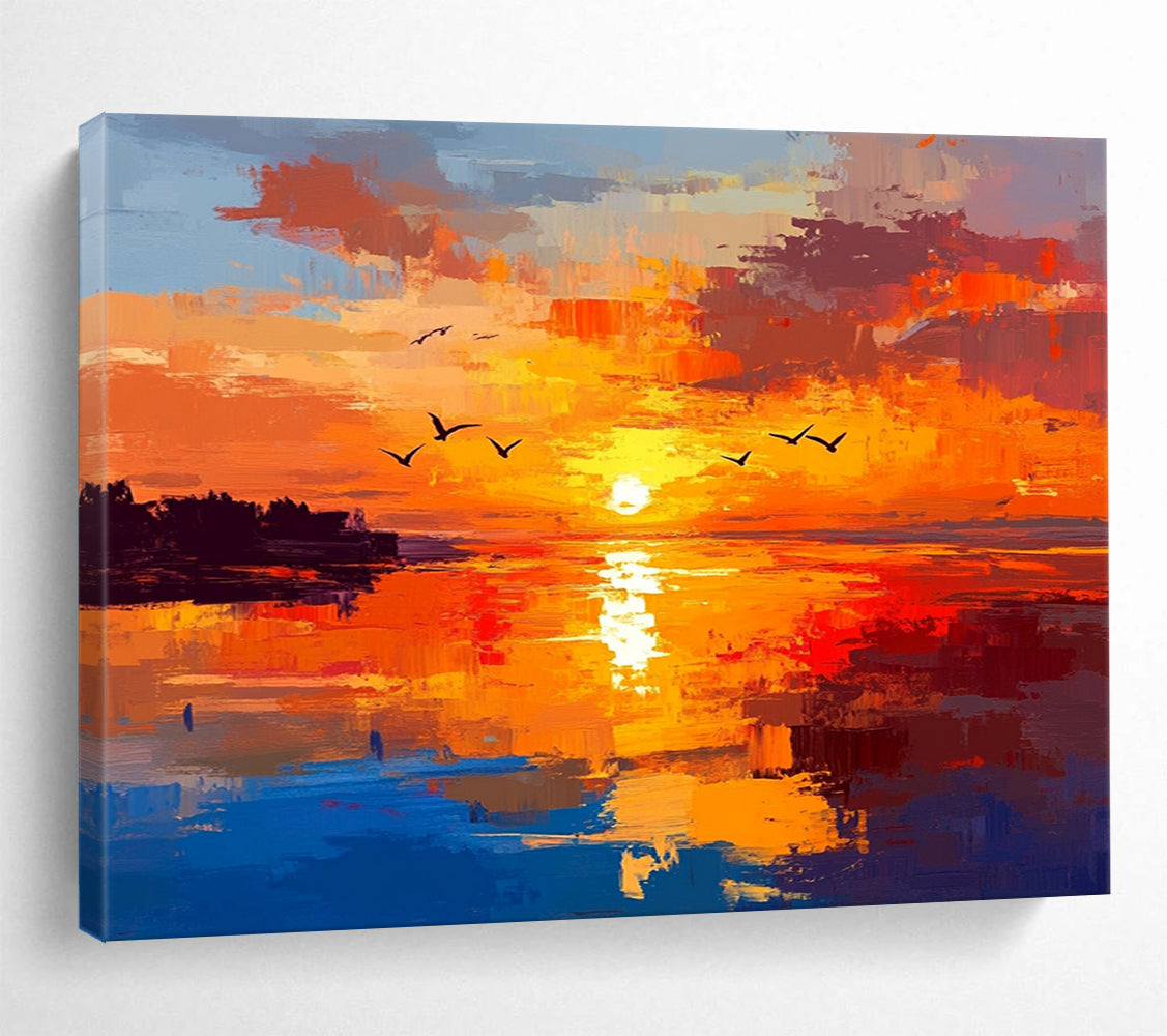“Fiery Sunset Seascape” - Orange, Red, Yellow, Blue, Purple - Impasto Sunset Over Water - Oil Painting HB1324