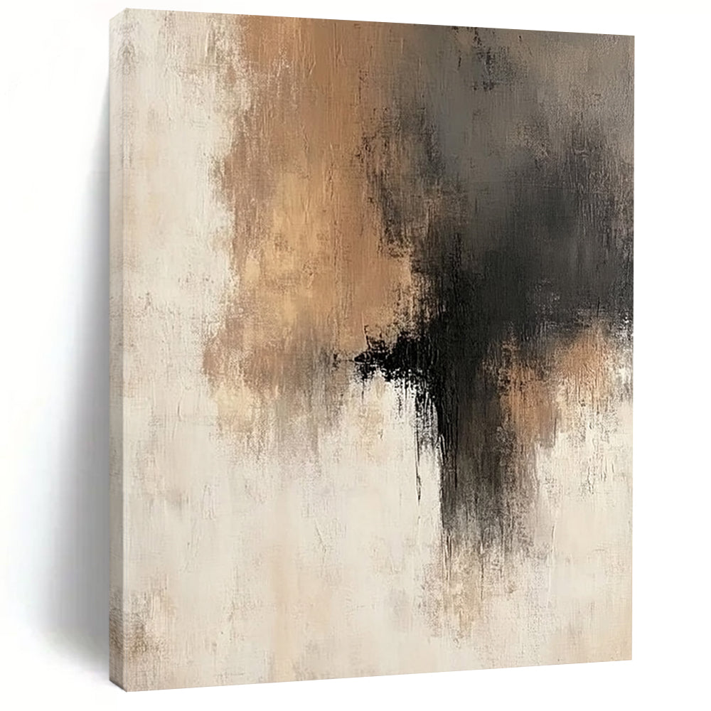 Large contemporary hand-painted abstract artwork featuring soft brush strokes in neutral tones of beige gray and brown accents with a serene neutral background. DLZ0440