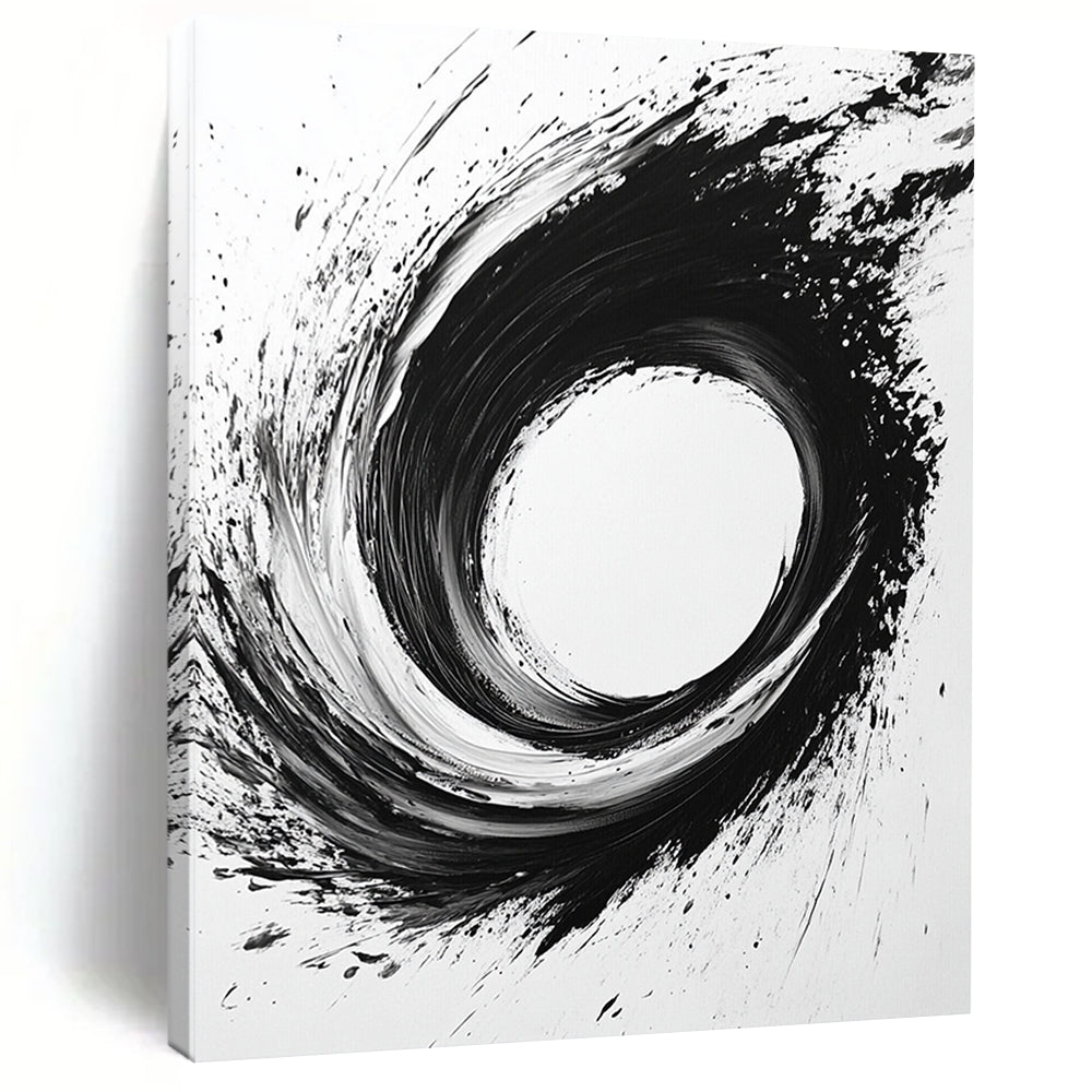 Black, White, Dynamic Circular Swirl "Whirlwind Ink" Abstract Expressionist Painting On Canvas HB133