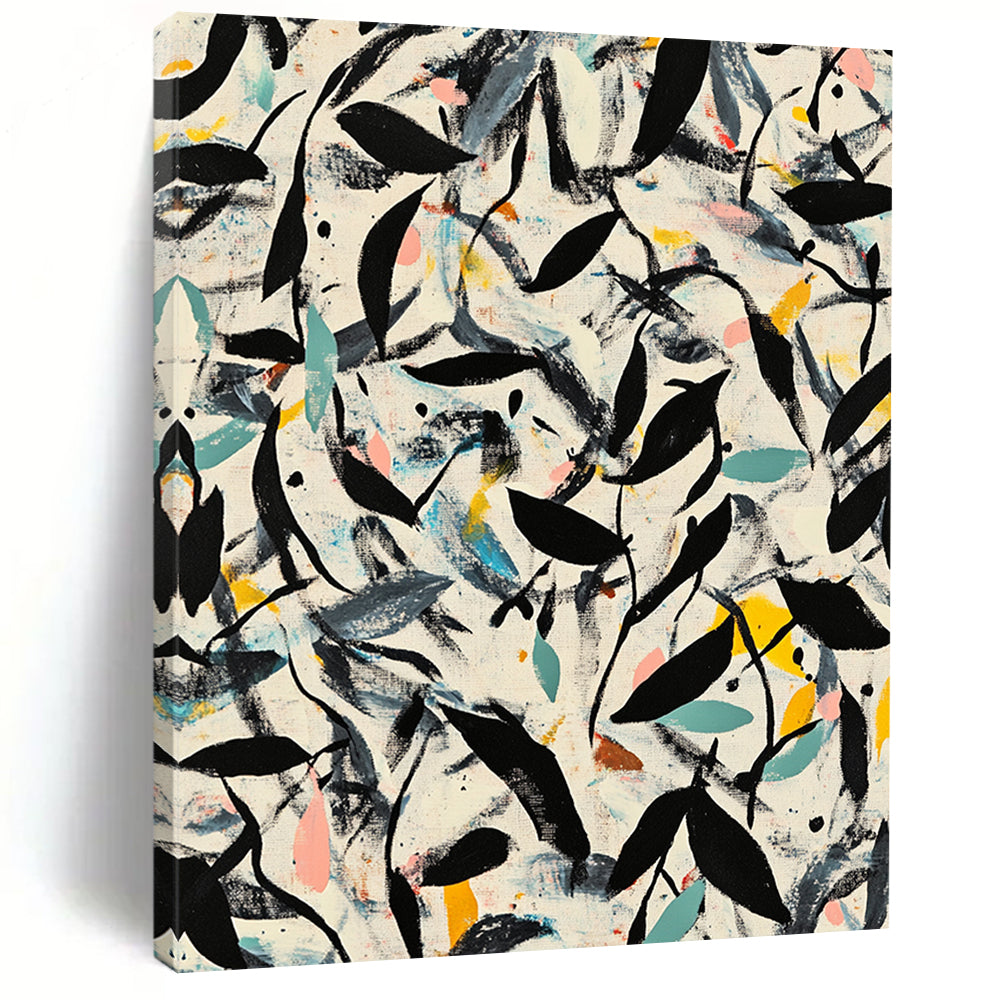 Black, Green, Blue, Yellow, Leafy Chaos "Botanical Burst" Abstract Expressionist Painting On Canvas HB081