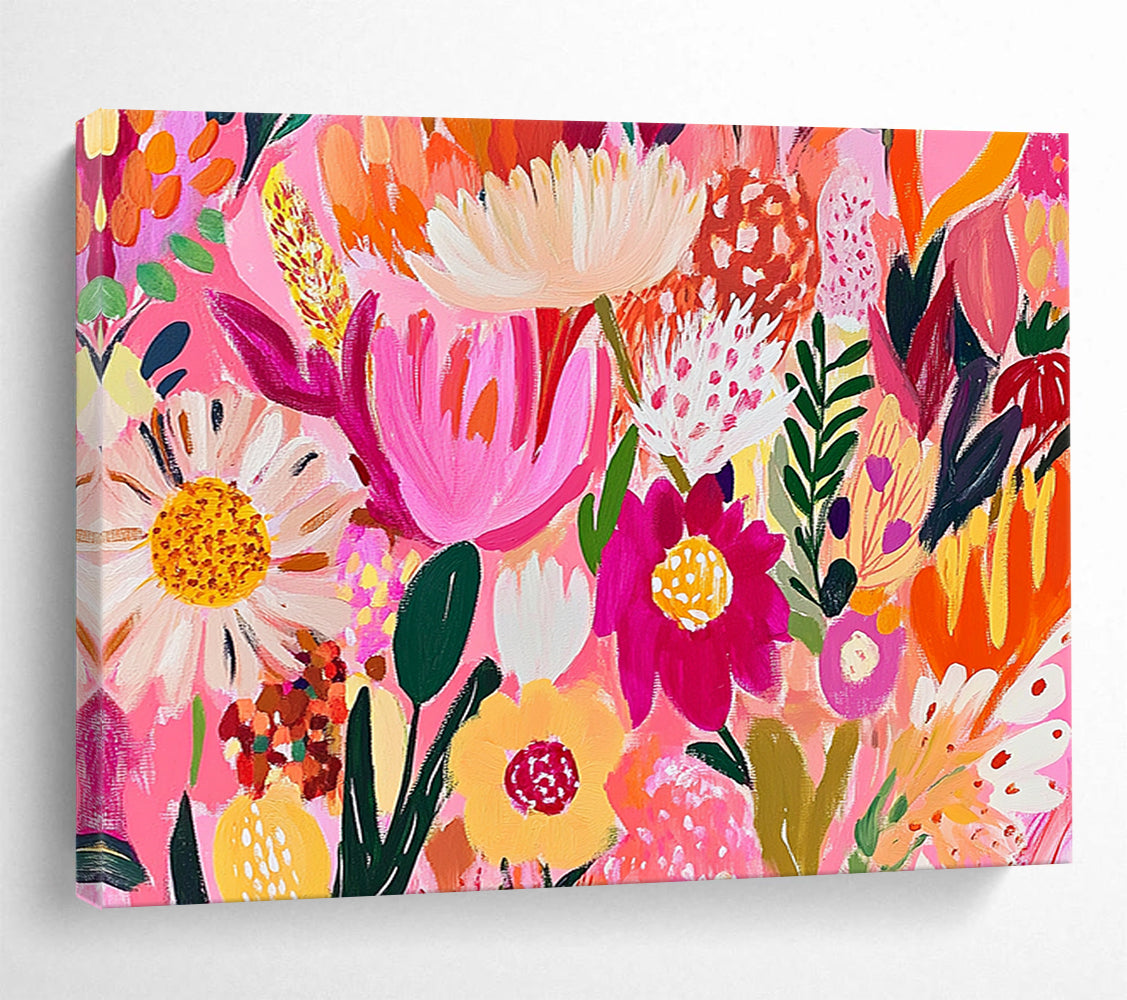 “Pink - Hued Floral Carnival” - Bright Pinks, Oranges, Yellows, Playful Flower Explosion - Contemporary Acrylic Painting HB1725