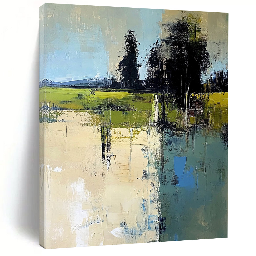Contemporary hand-painted abstract artwork featuring an Italian landscape with muted beige greens and blues in a minimalist style. DLZ0463