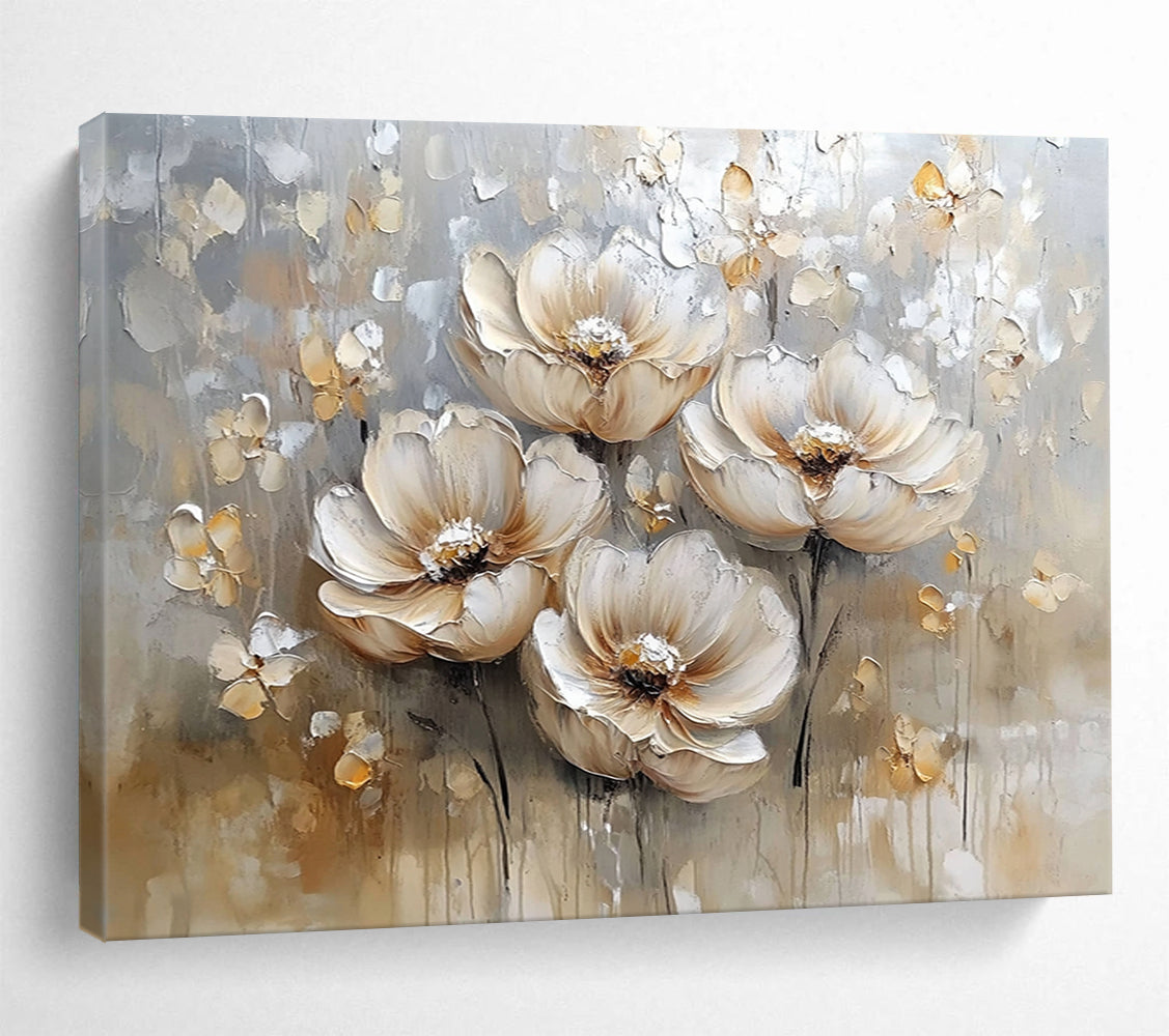 Beige, Gray and White Textured Flowers "Elegant Blooms" Painting On Canvas HB0421
