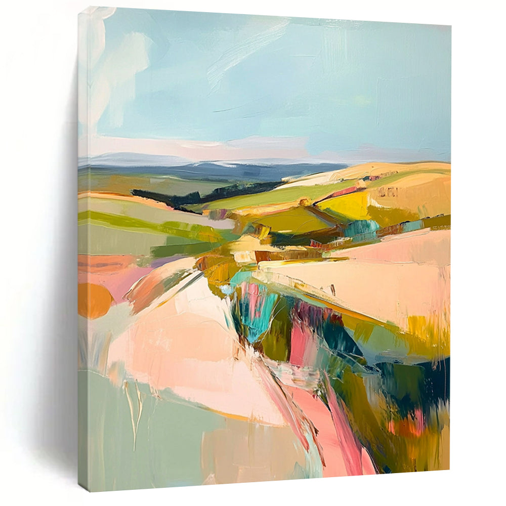 Large contemporary abstract painting featuring a pastel palette of pinks greens and yellows capturing the beauty of Welsh rolling hills and blue skies. DLZ1003