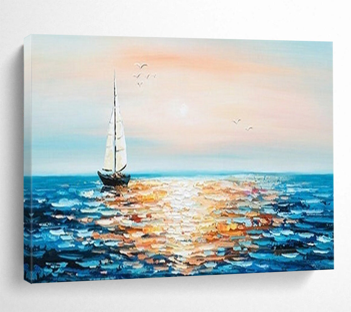 Sunset Sailboat Sea Oil Painting - Coastal Dining Room or Bedroom Art DLZ188
