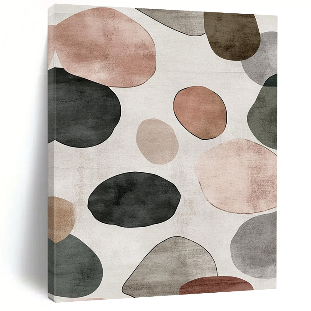 Contemporary hand-painted abstract artwork features a serene design of overlapping circles and pebbles in shades of gray with brown green and pink accents. DLZ1646