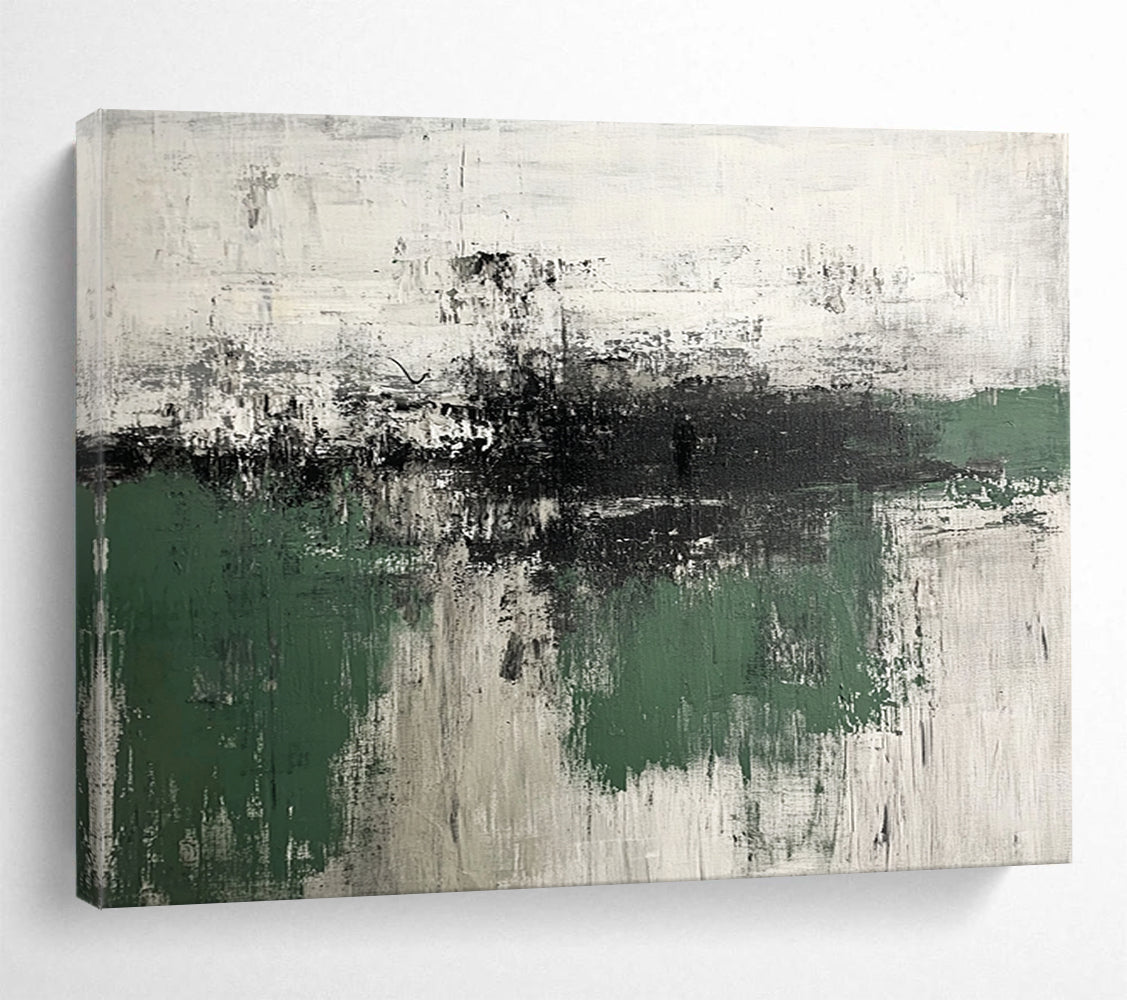 “Green - Gray Textures” - Green, Gray, White, Abstract Textured Landscape Painting On Canvas HB1065
