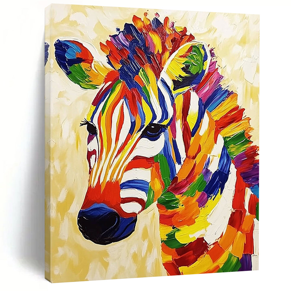 Vibrant contemporary abstract painting featuring a textured zebra on a beige background radiating cheerful energy and bold colors. DLZ1401