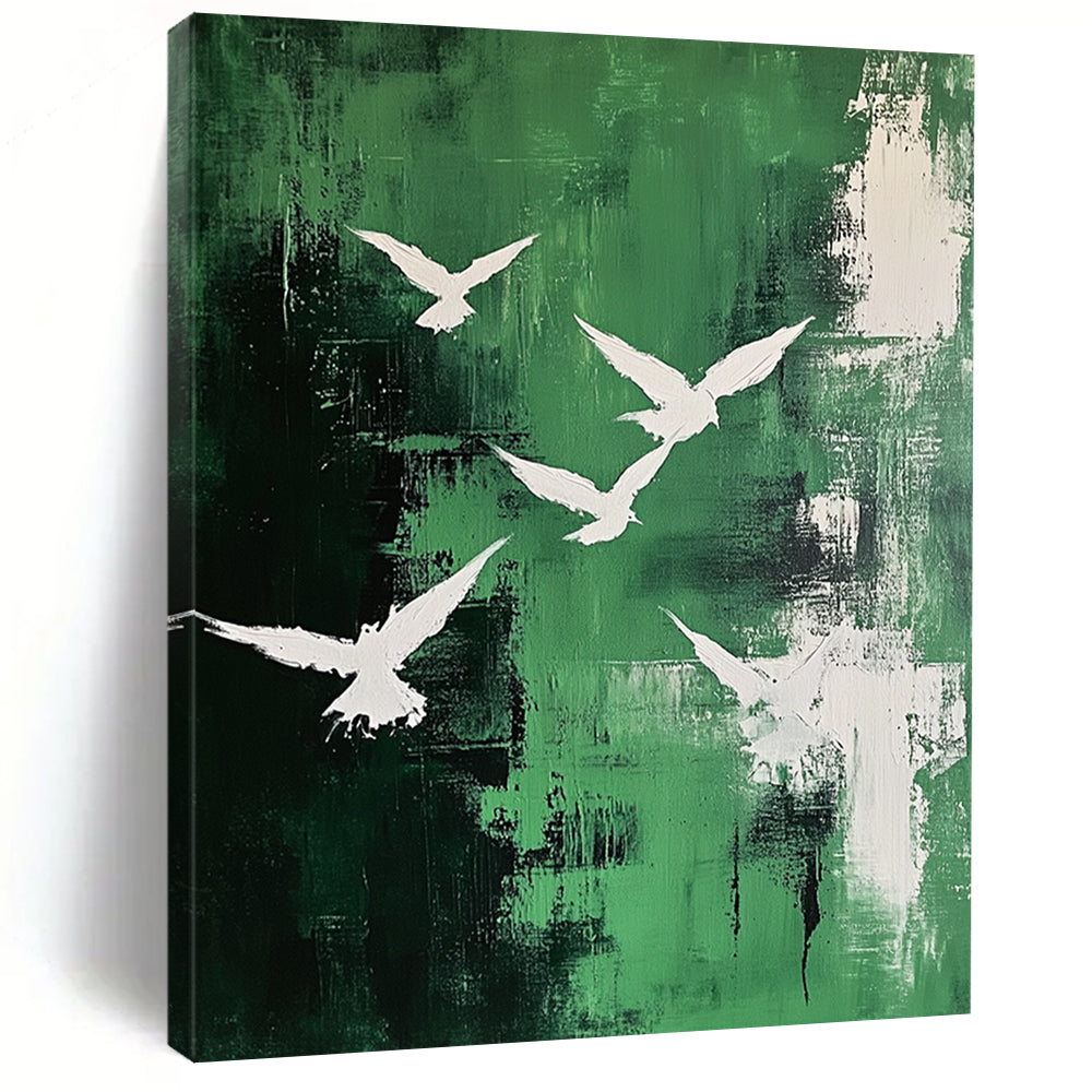 Contemporary abstract painting featuring white birds in an emerald sky with dynamic brushstrokes and textured expressions on canvas. DLZ0669