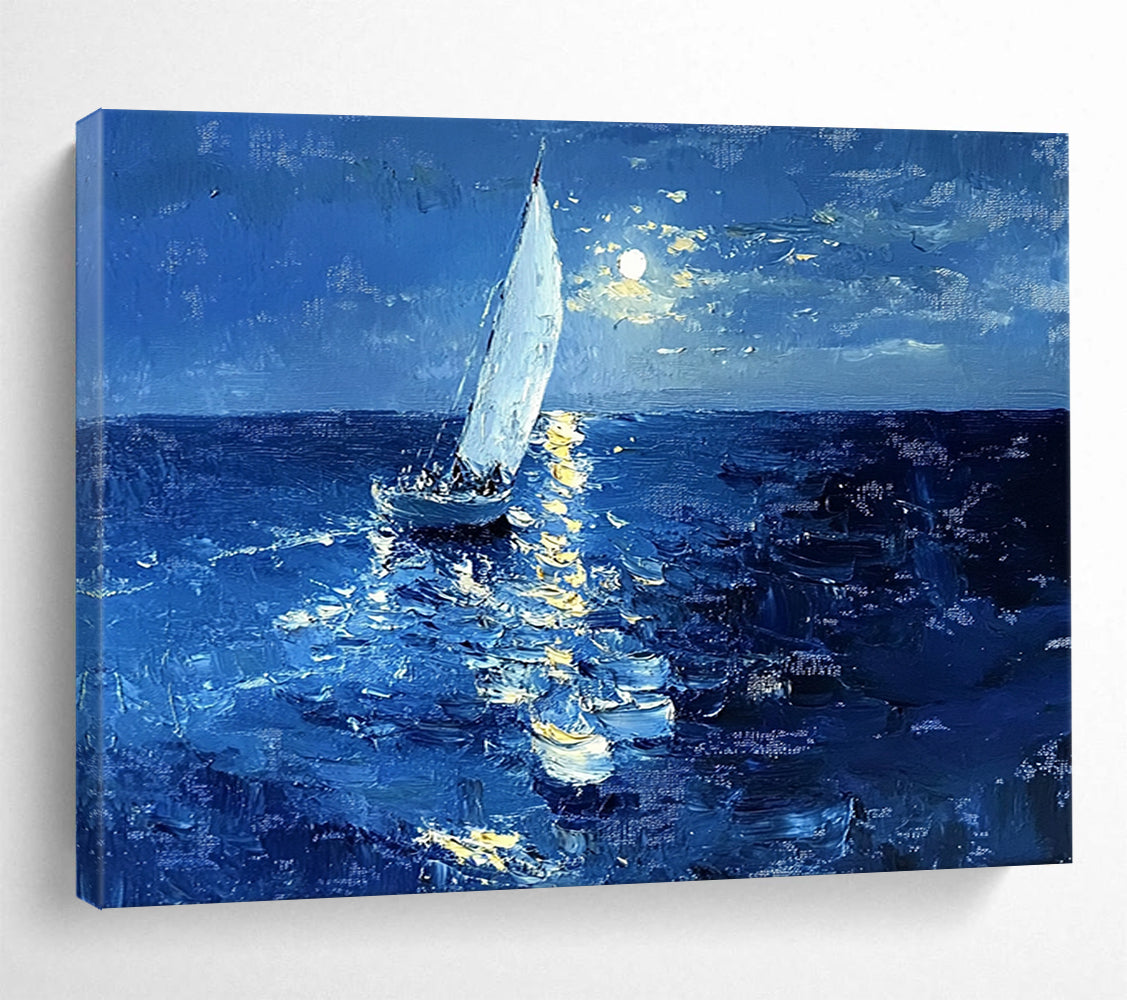 “Moonlit Sailboat” - Deep Blue, White, Yellow, Sailboat on Moonlit Sea - Impasto Oil Painting HB1696
