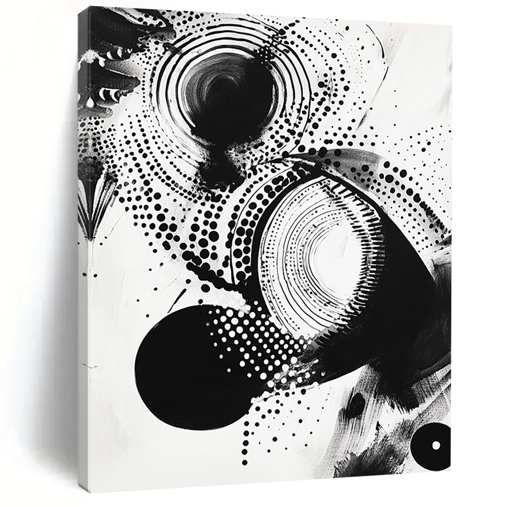 Black Circles, Dots & Curves on White - “Cosmic Ink Patterns” Painting On Canvas HB222