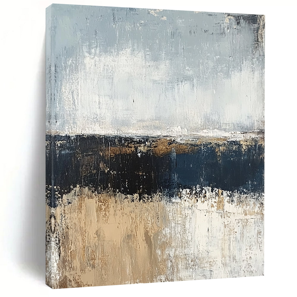 Contemporary hand-painted abstract artwork featuring a serene ocean shore in muted gray and blue tones with a neutral palette of beige and brown in oil paint. DLZ0955