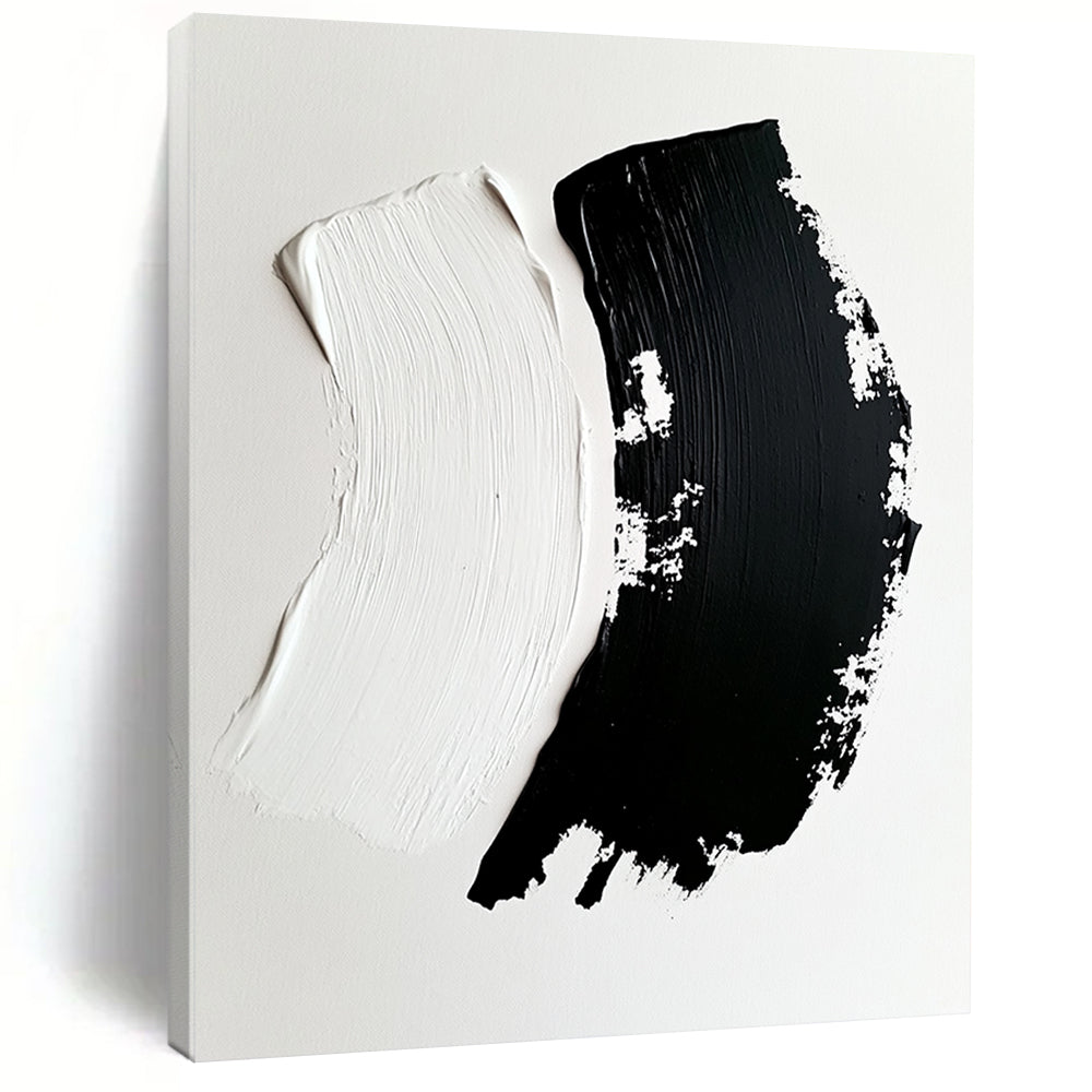 Contemporary hand-painted abstract art featuring dynamic black brushstrokes on white canvas showcasing depth and contrast in an engaging composition. DLZ1746