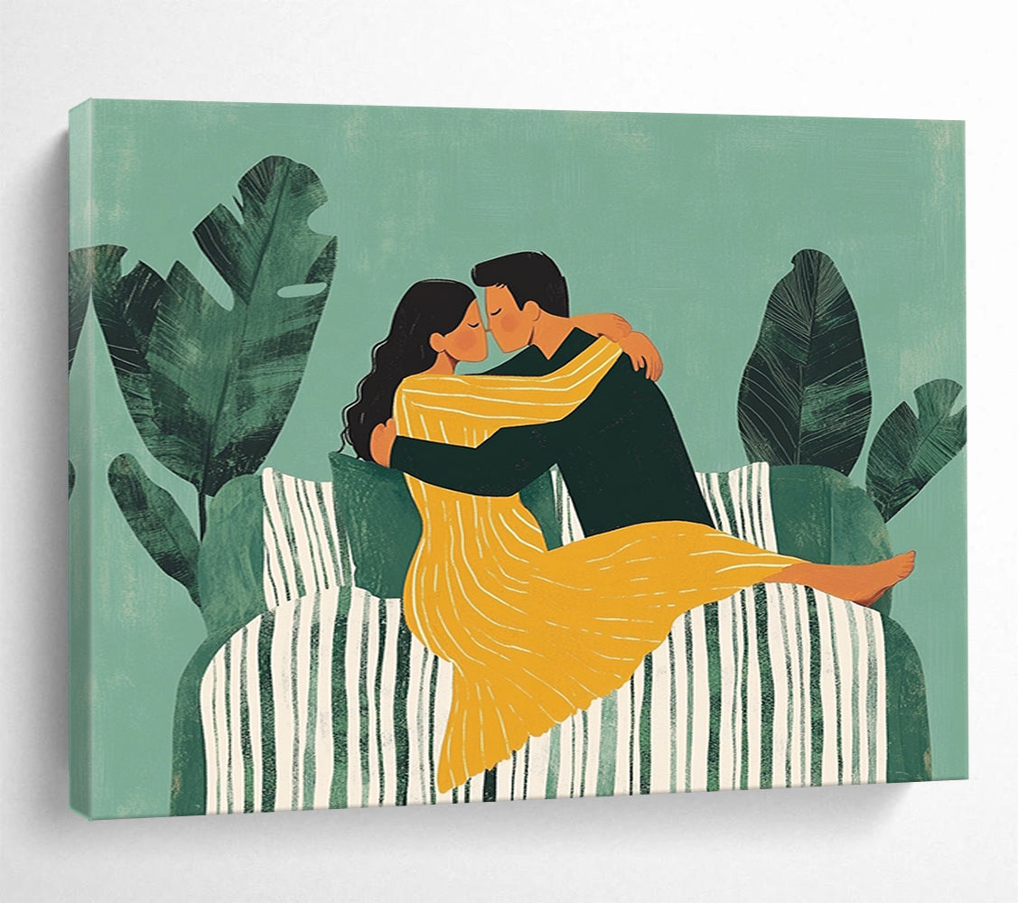 “Cozy Couples’ Embrace” - Greens, Yellows, Whites, Loving Illustration - Whimsical Wall Art HB1562