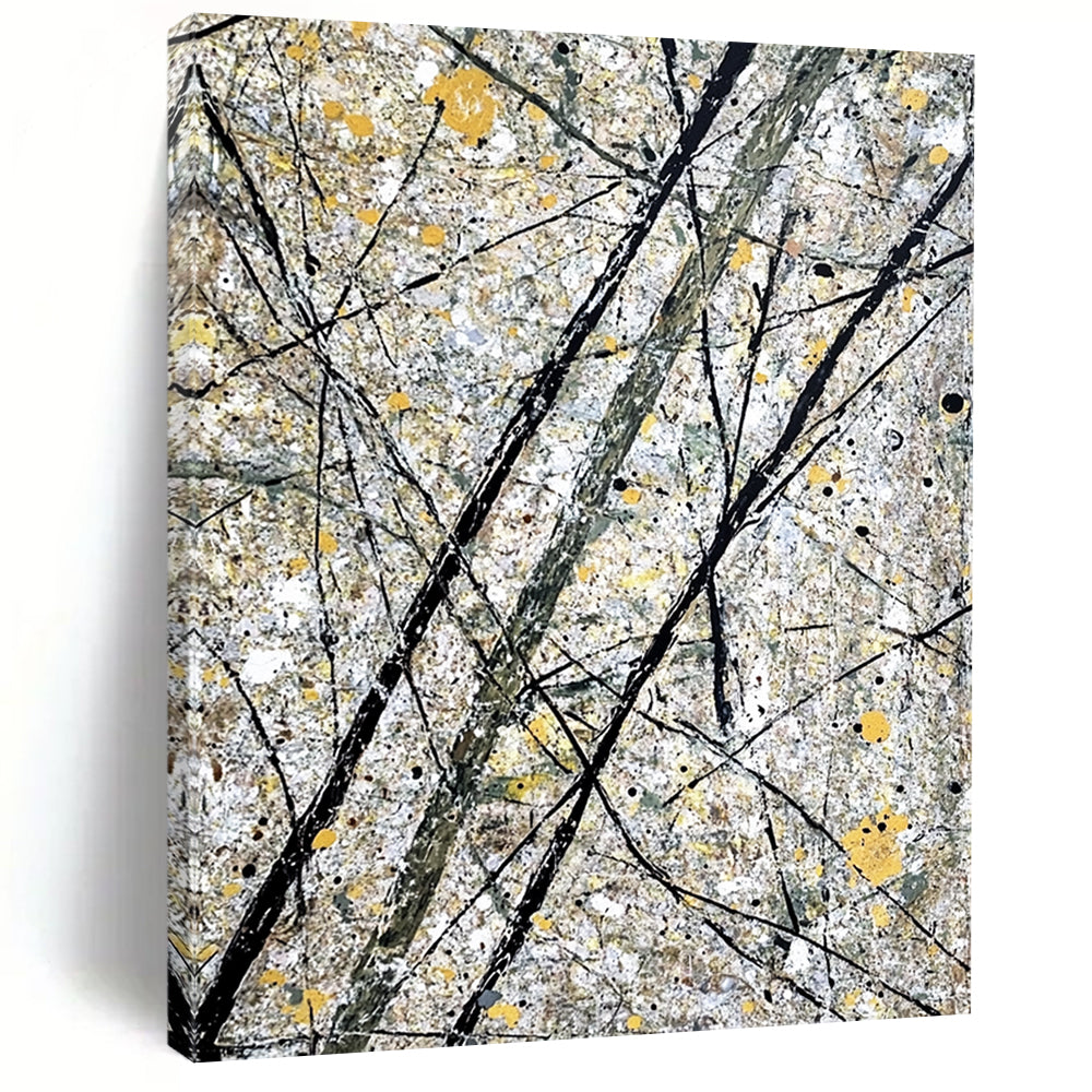 Large contemporary hand-painted abstract artwork features gray and yellow splashes alongside intricate black lines representing tree branches. DLZ1587