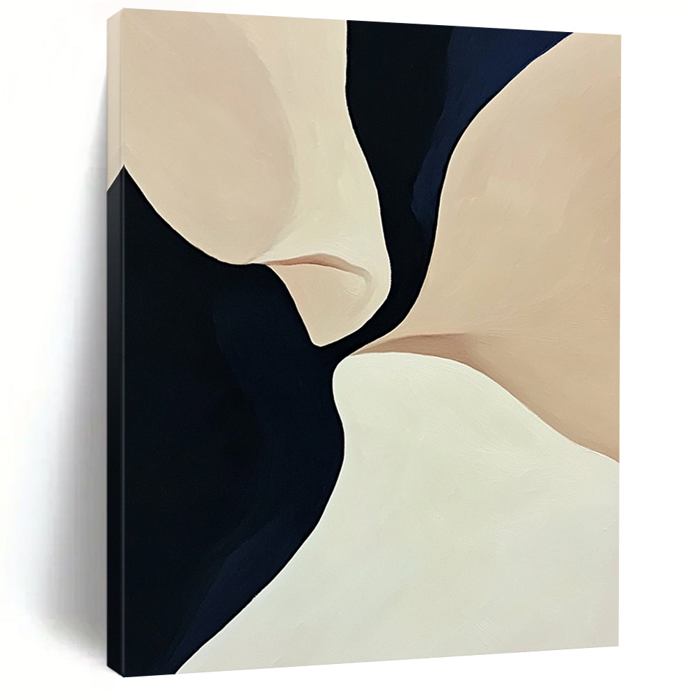 Contemporary hand-painted abstract art featuring smooth curves and flowing lines in light beige and navy blue tones with dark accents. DLZ0972