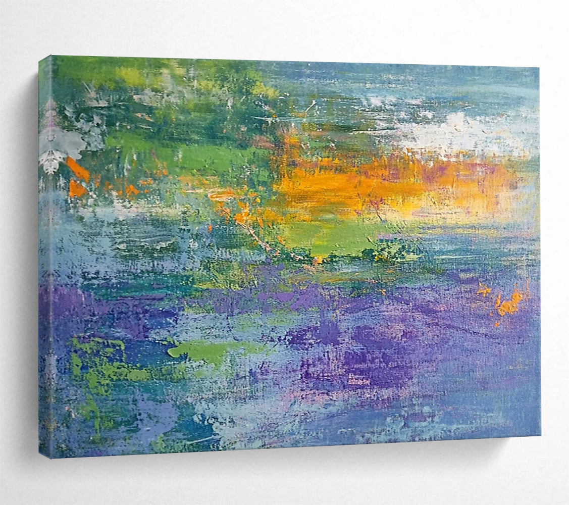 “Vibrant Abstract Field” - Green, Blue, Purple, Orange, Textured Abstract Landscape Painting On Canvas HB1070