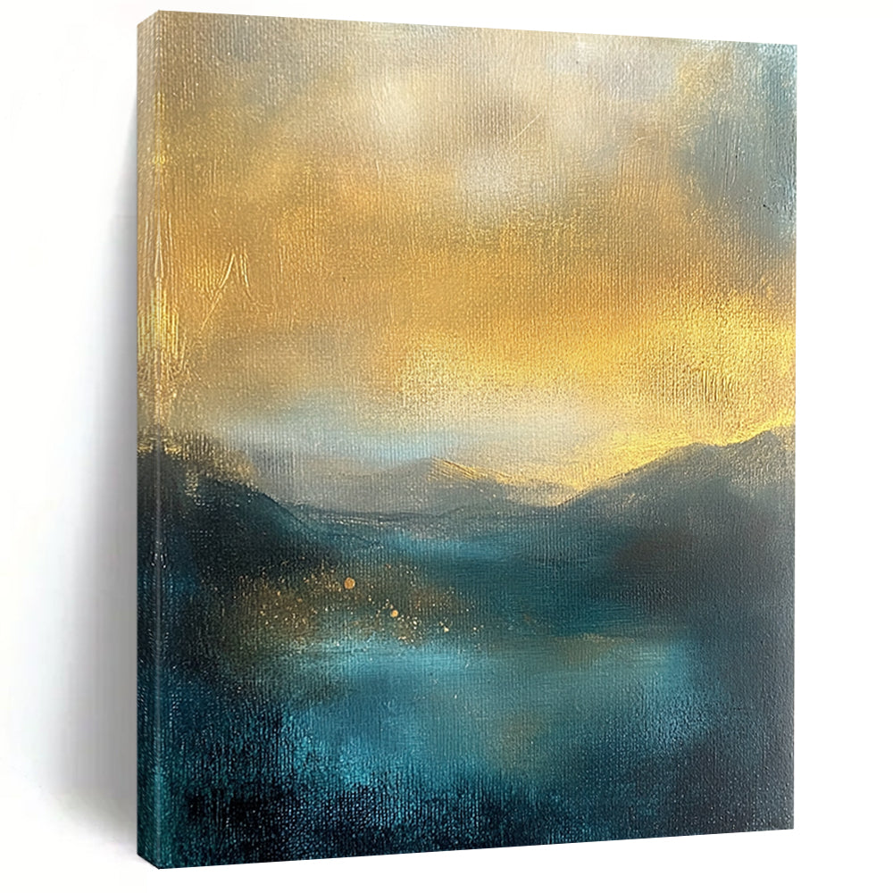 Contemporary abstract painting featuring misty mountains golden sky textured in teal and yellow tones perfect for adding elegance to any space. DLZ0486