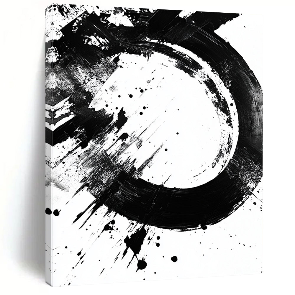 Black Circular Brushstroke with Splatter - “Dynamic Enso Splash” Painting On Canvas HB242