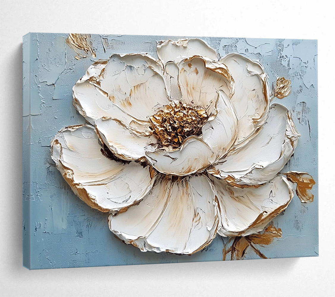 “Textured White Flower with Gold” - White petals, gold accents, blue background, 3D Floral Painting On Canvas HB0598