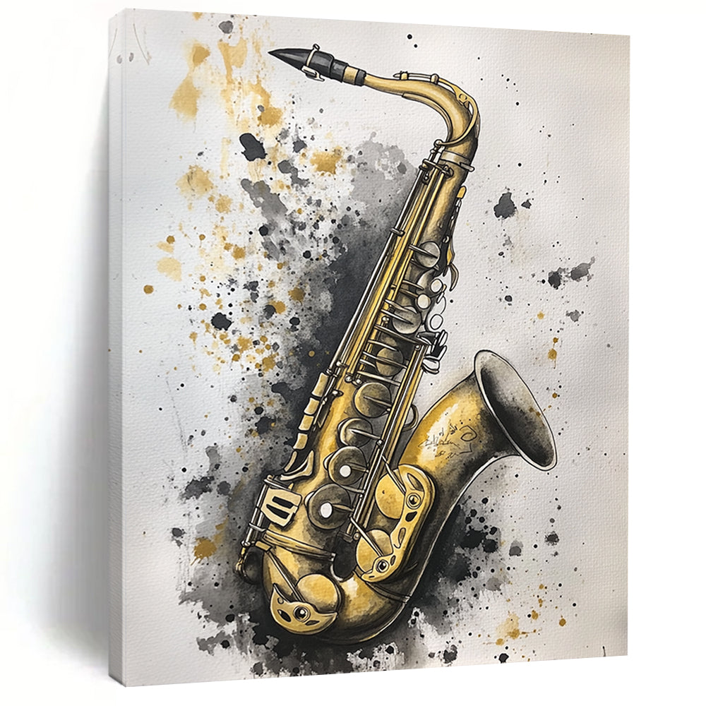 Contemporary hand-painted abstract artwork featuring an old saxophone in gold and silver hues against a soft gray background, creating striking contrast and depth. DLZ1507