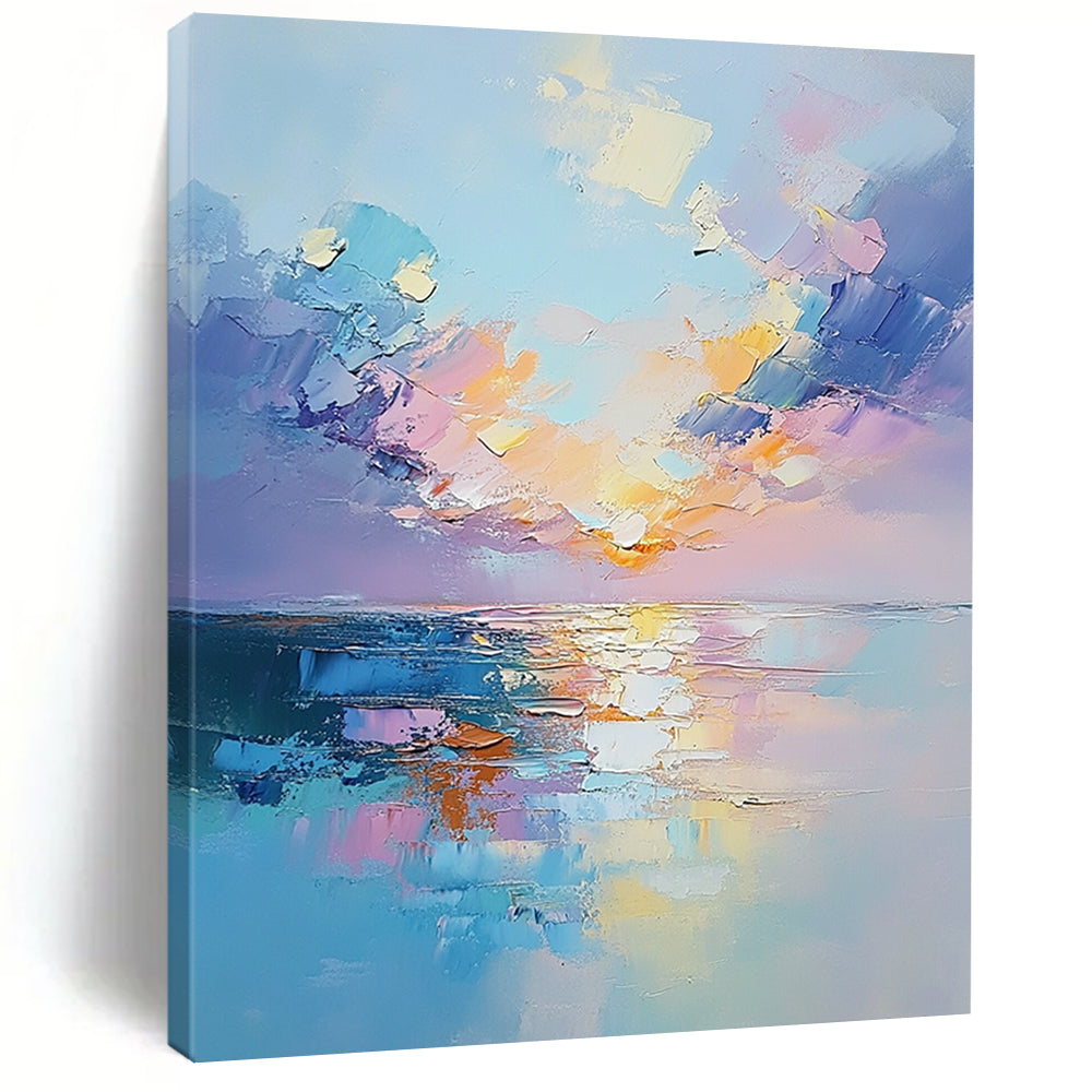 Contemporary hand-painted abstract artwork capturing a serene sunset over the sea with textured clouds and soft reflections in pastel colors. DLZ1684