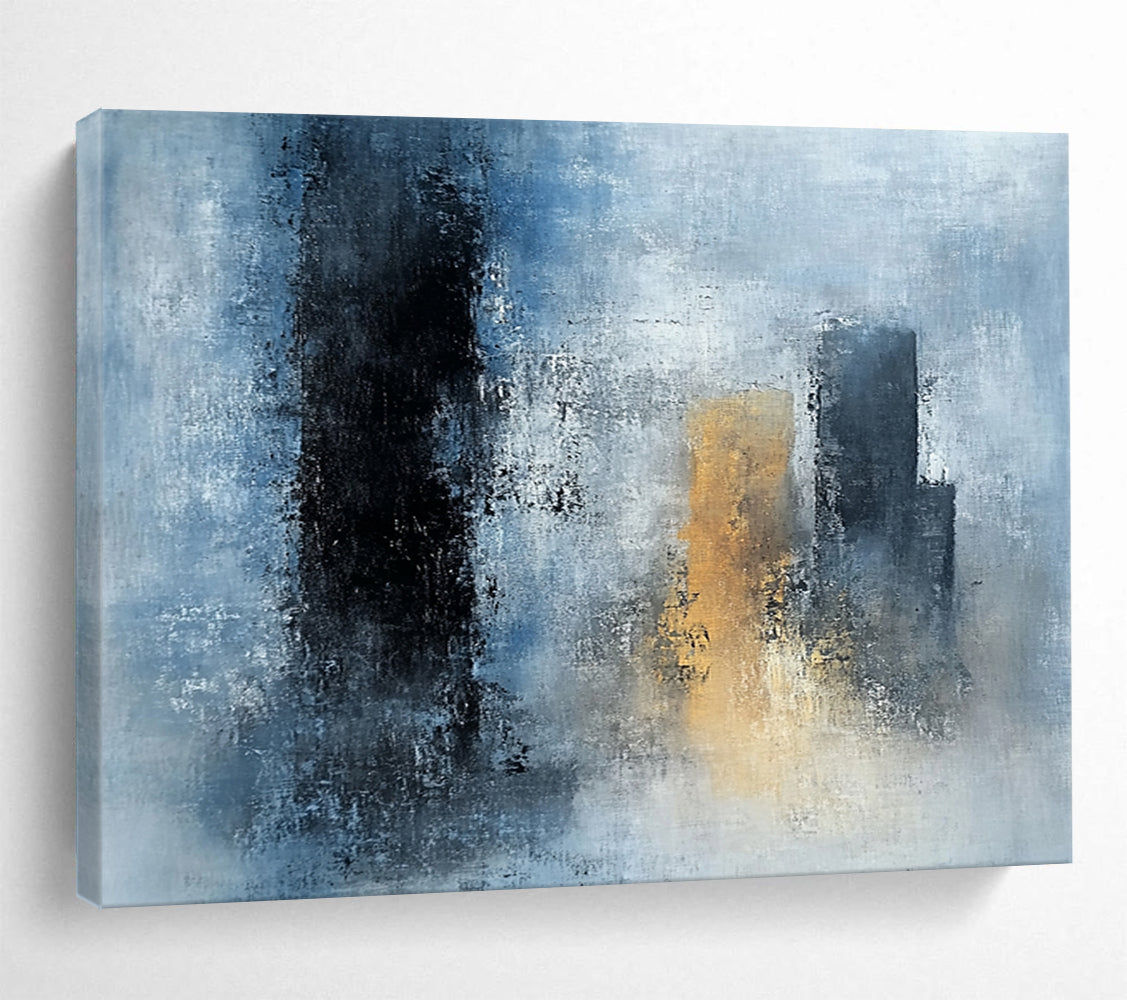 “Blue - Gray Abstract Urban Silhouettes” - Blue, Gray, Gold, City Shapes Painting On Canvas HB0840