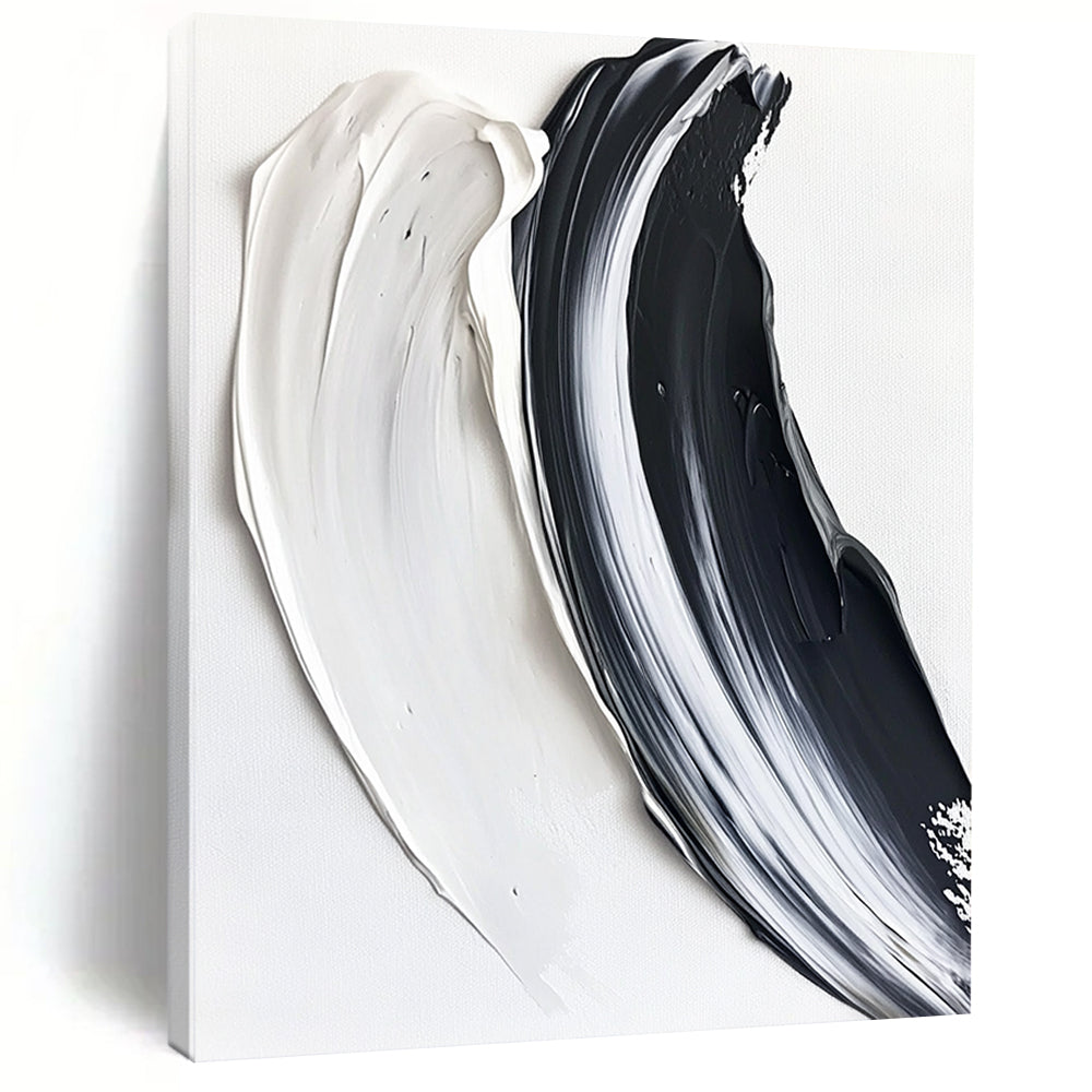 Contemporary hand-painted abstract artwork featuring two textured brushstrokes in black and white against a pure white background, creating a striking visual contrast. DLZ1230