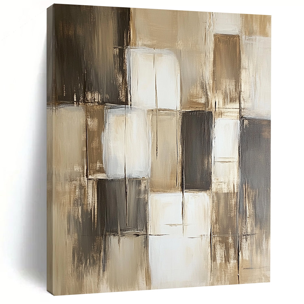 Contemporary hand-painted abstract art featuring neutral shades of beige gray and brown with varying paint block sizes and textures. DLZ0611