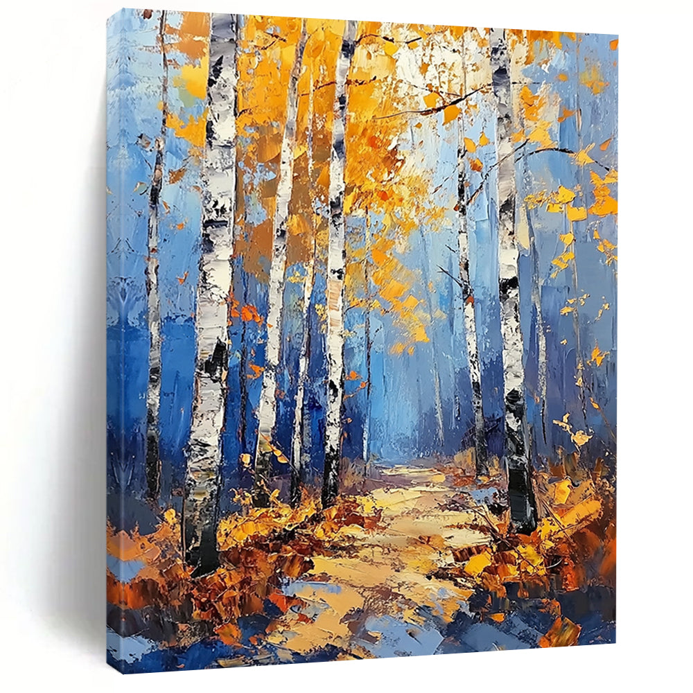 Contemporary abstract painting featuring a birch forest in autumn with vibrant blue and yellow tones and golden leaves in a modern impressionist style. DLZ1533